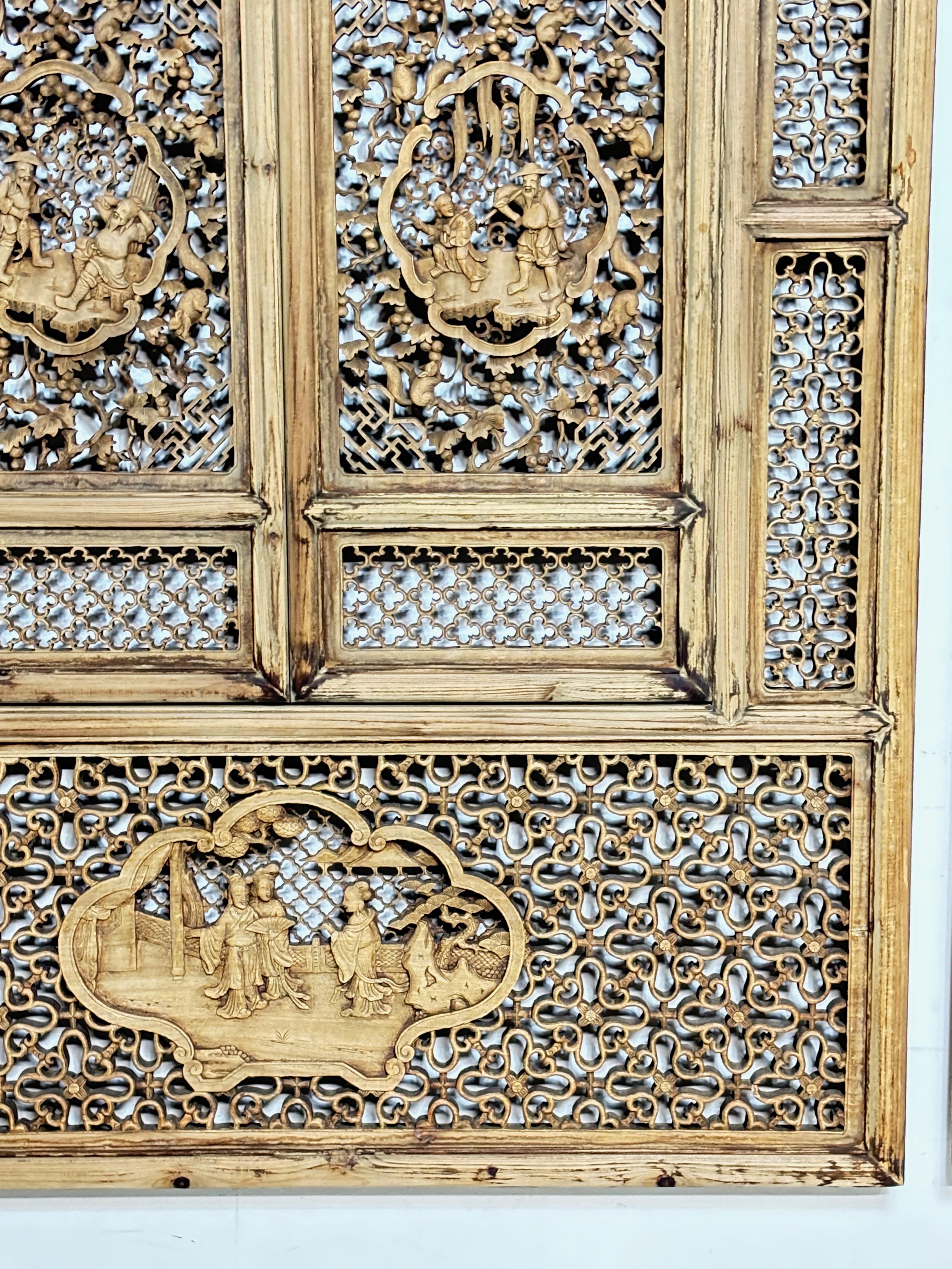 Teak Pair of Asian Carved Wood Window Wall Panels , 19th Century For Sale