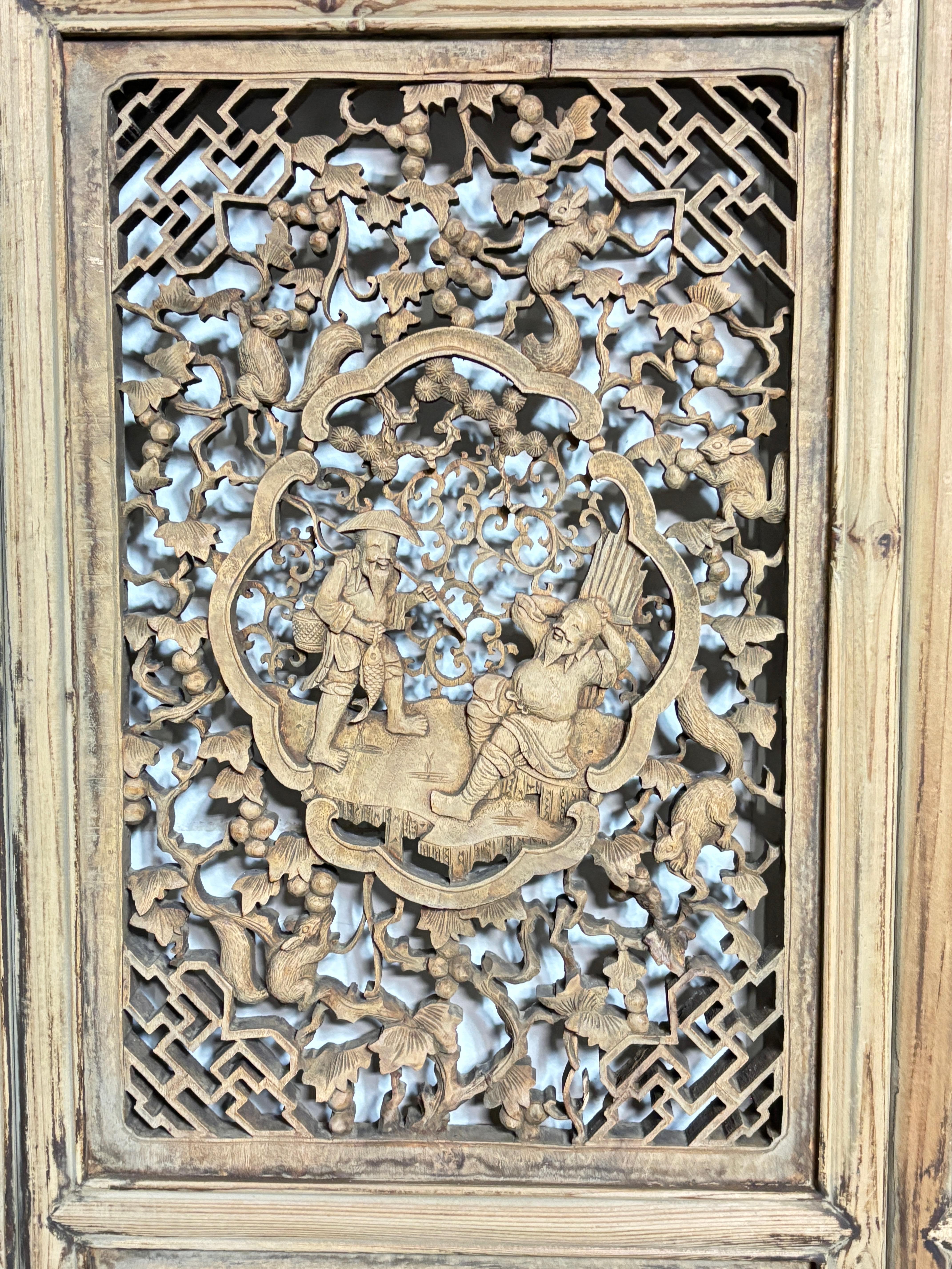 Pair of Asian Carved Wood Window Wall Panels , 19th Century For Sale 1