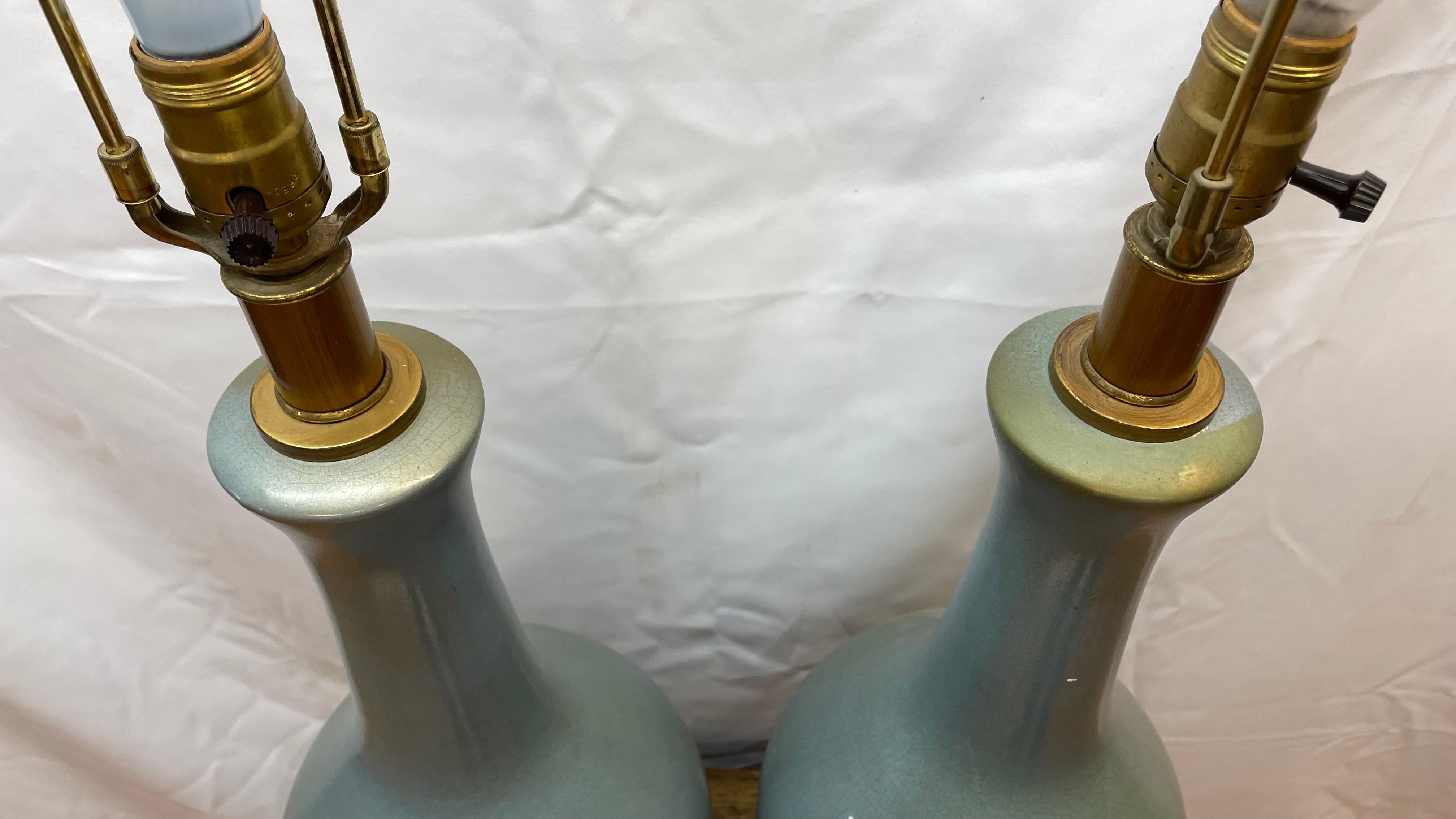 19th Century Pair of Asian celadon cradle glazed vases mounted as lamps For Sale