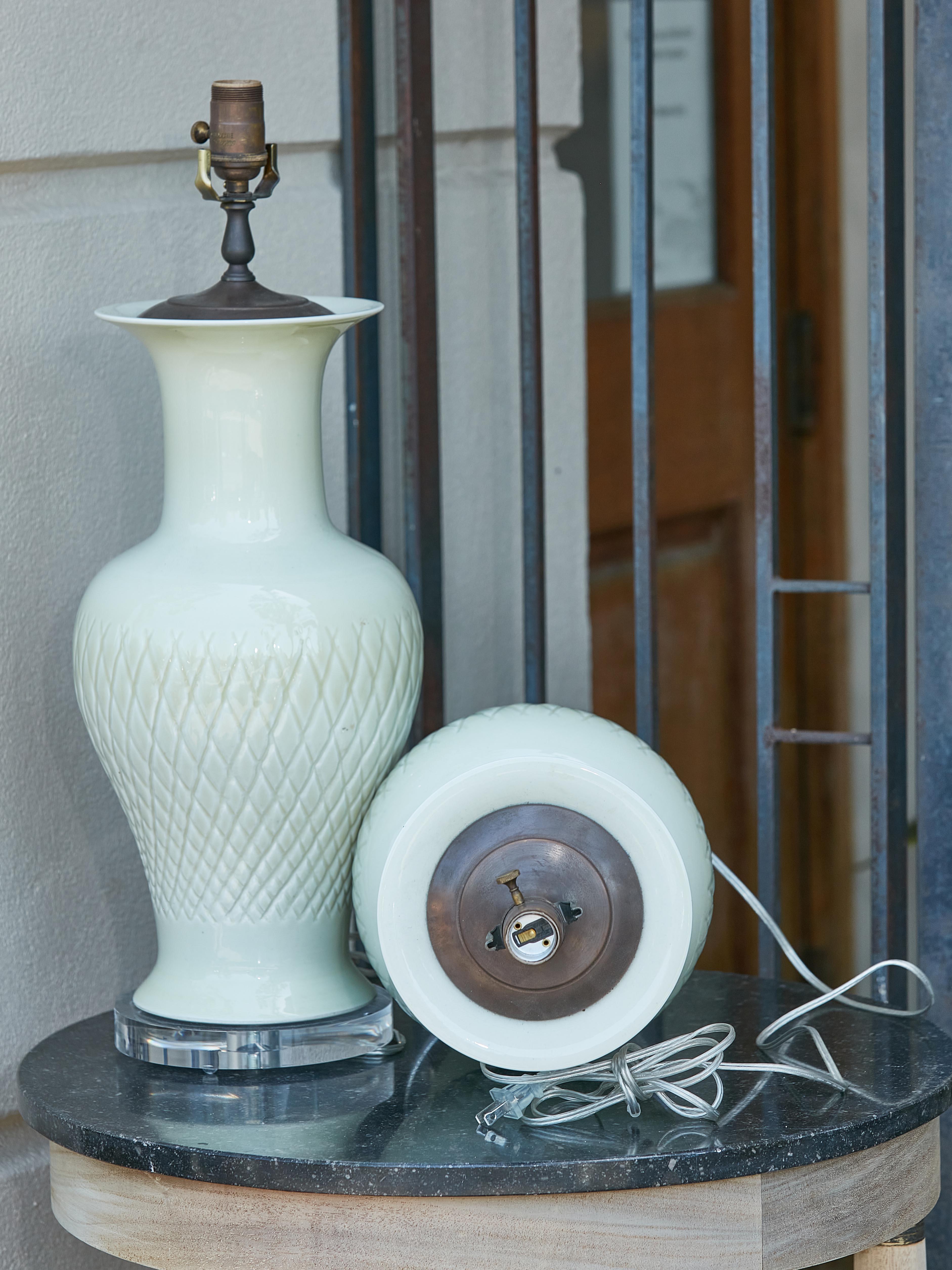 Pair of Asian Celadon Table Lamps with Custom Lucite Bases, Wired for the US 6