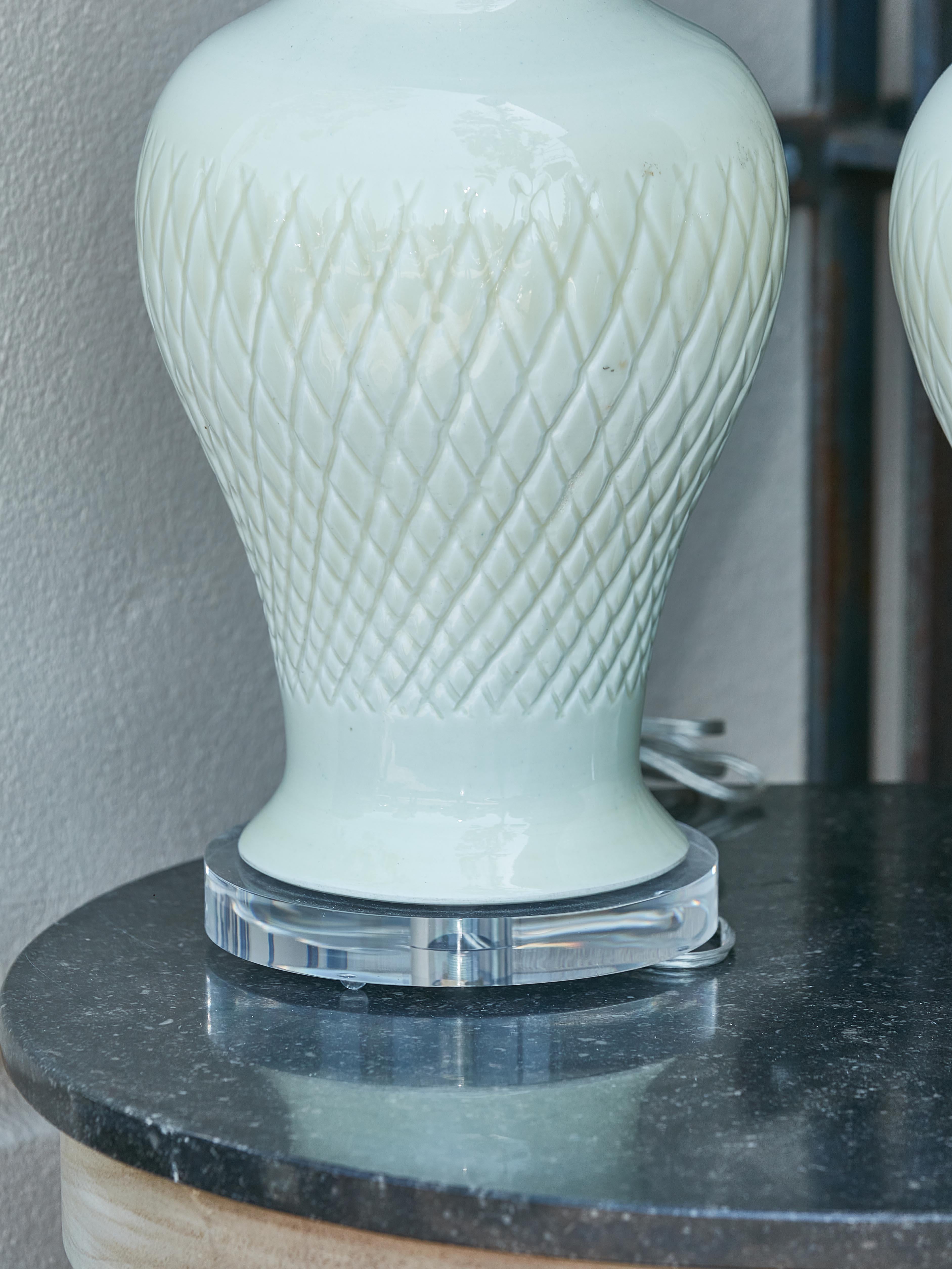 Pair of Asian Celadon Table Lamps with Custom Lucite Bases, Wired for the US 1