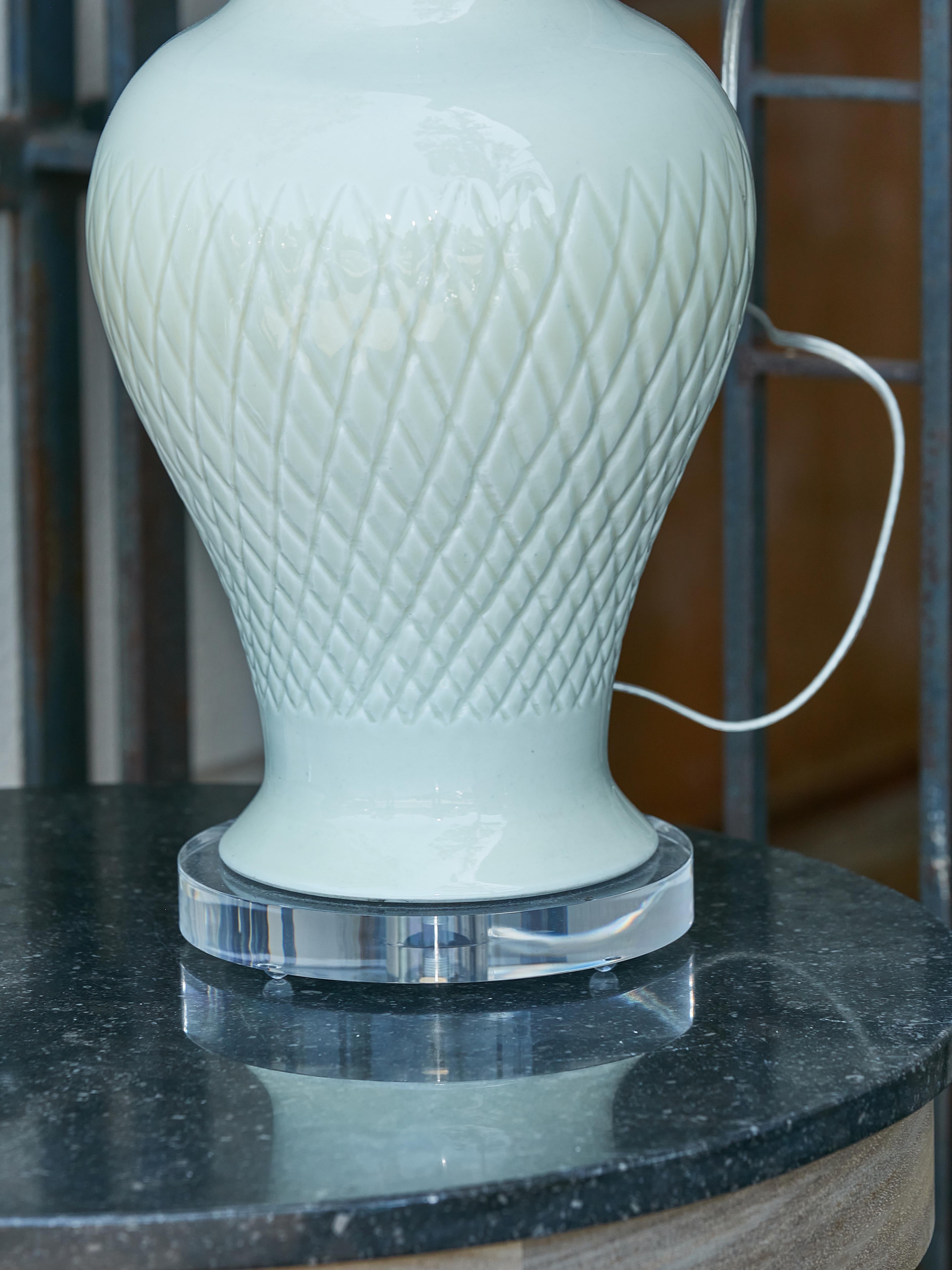 Pair of Asian Celadon Table Lamps with Custom Lucite Bases, Wired for the US 2