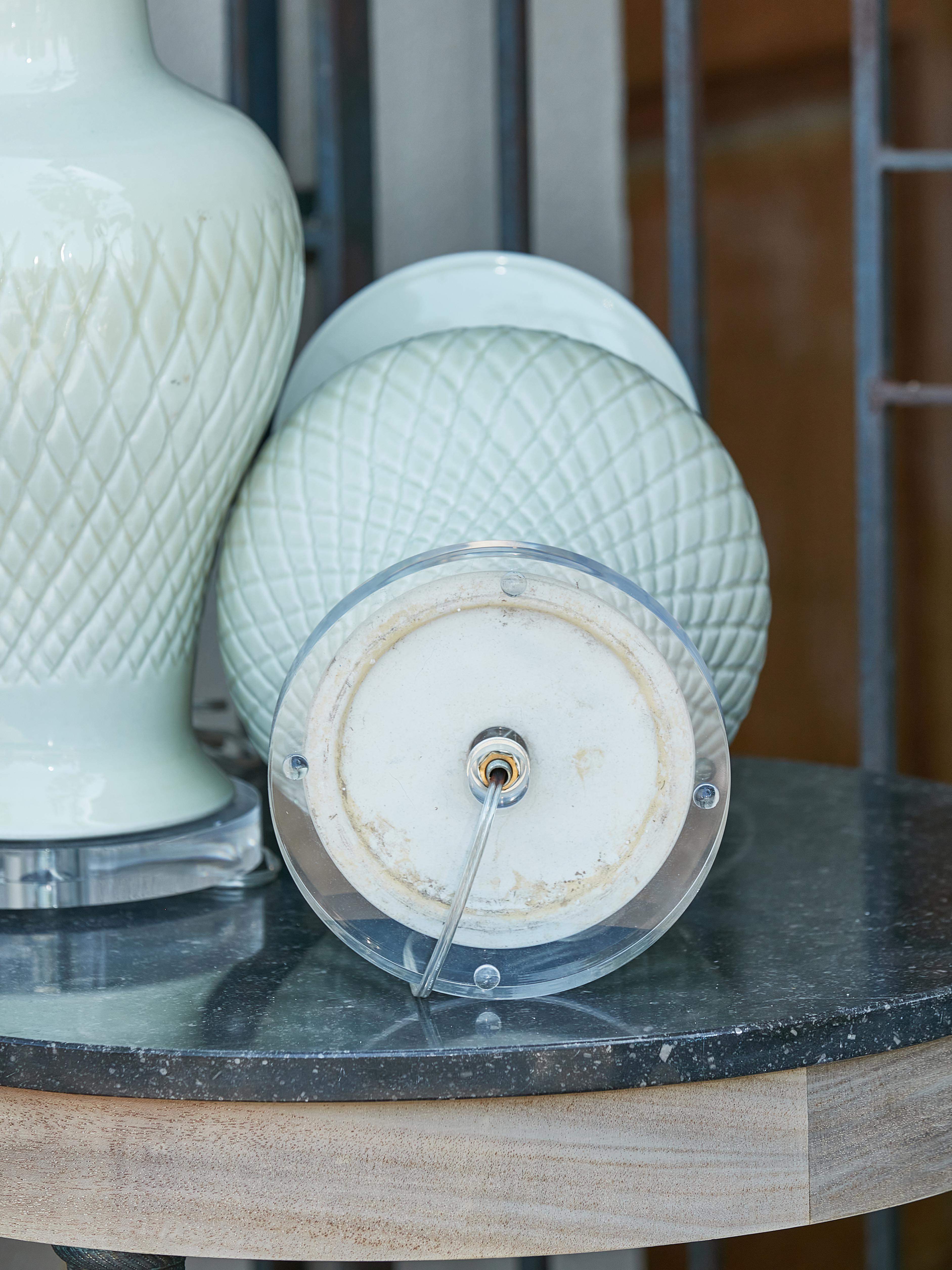 Pair of Asian Celadon Table Lamps with Custom Lucite Bases, Wired for the US 3