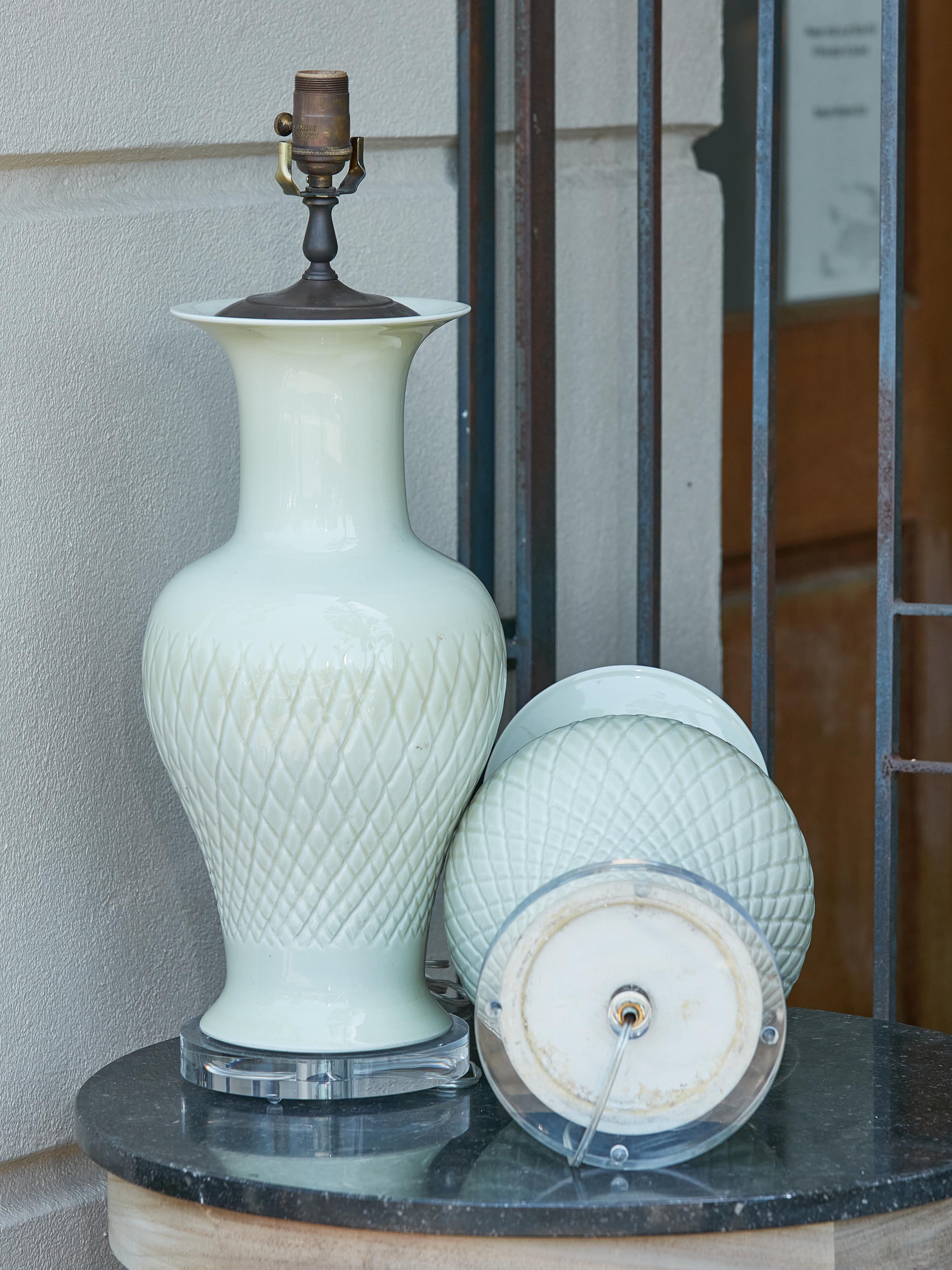 Pair of Asian Celadon Table Lamps with Custom Lucite Bases, Wired for the US 4