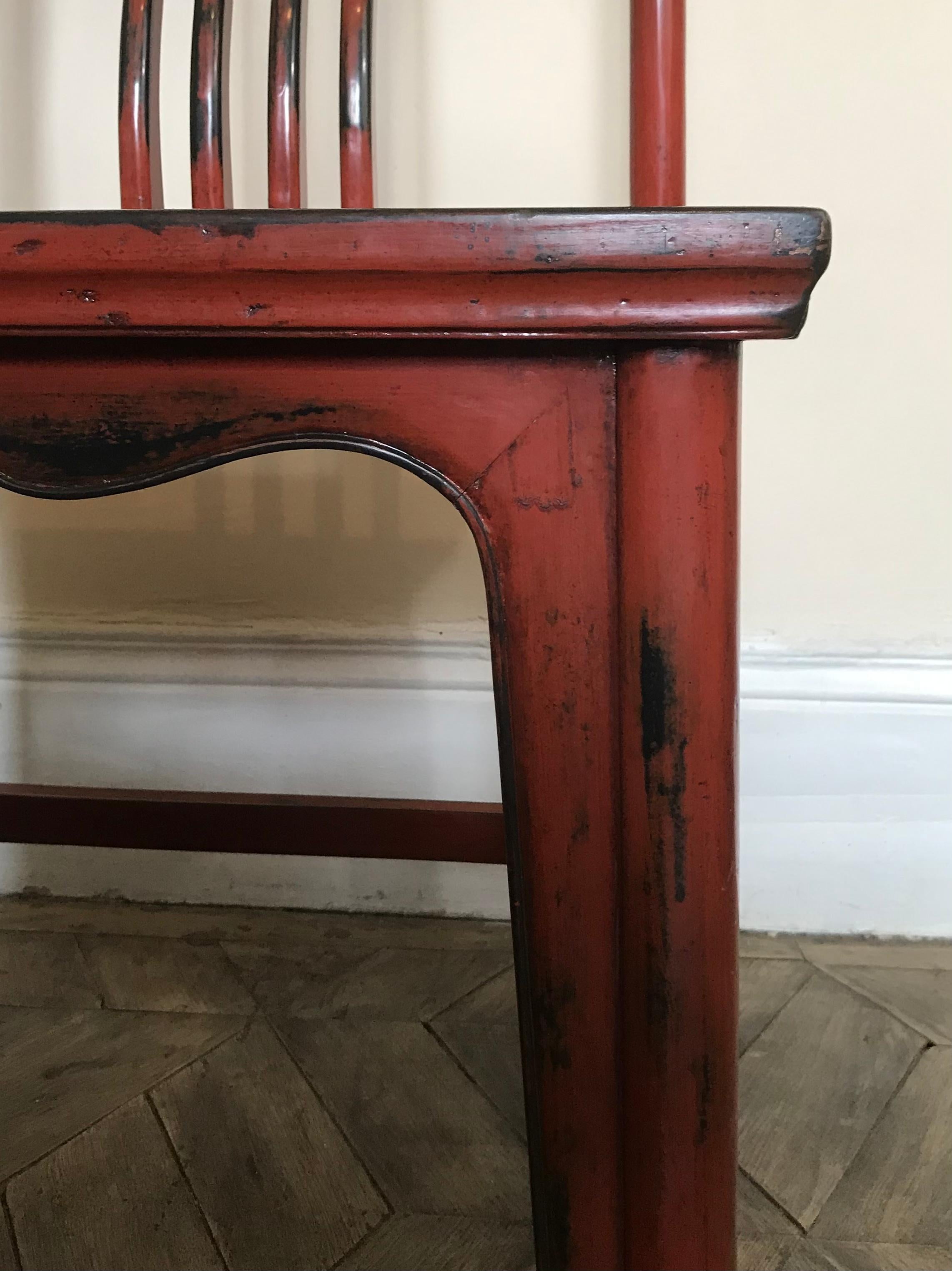 Pair of Asian Chairs Red Lacquered Wood 20th Century For Sale 9