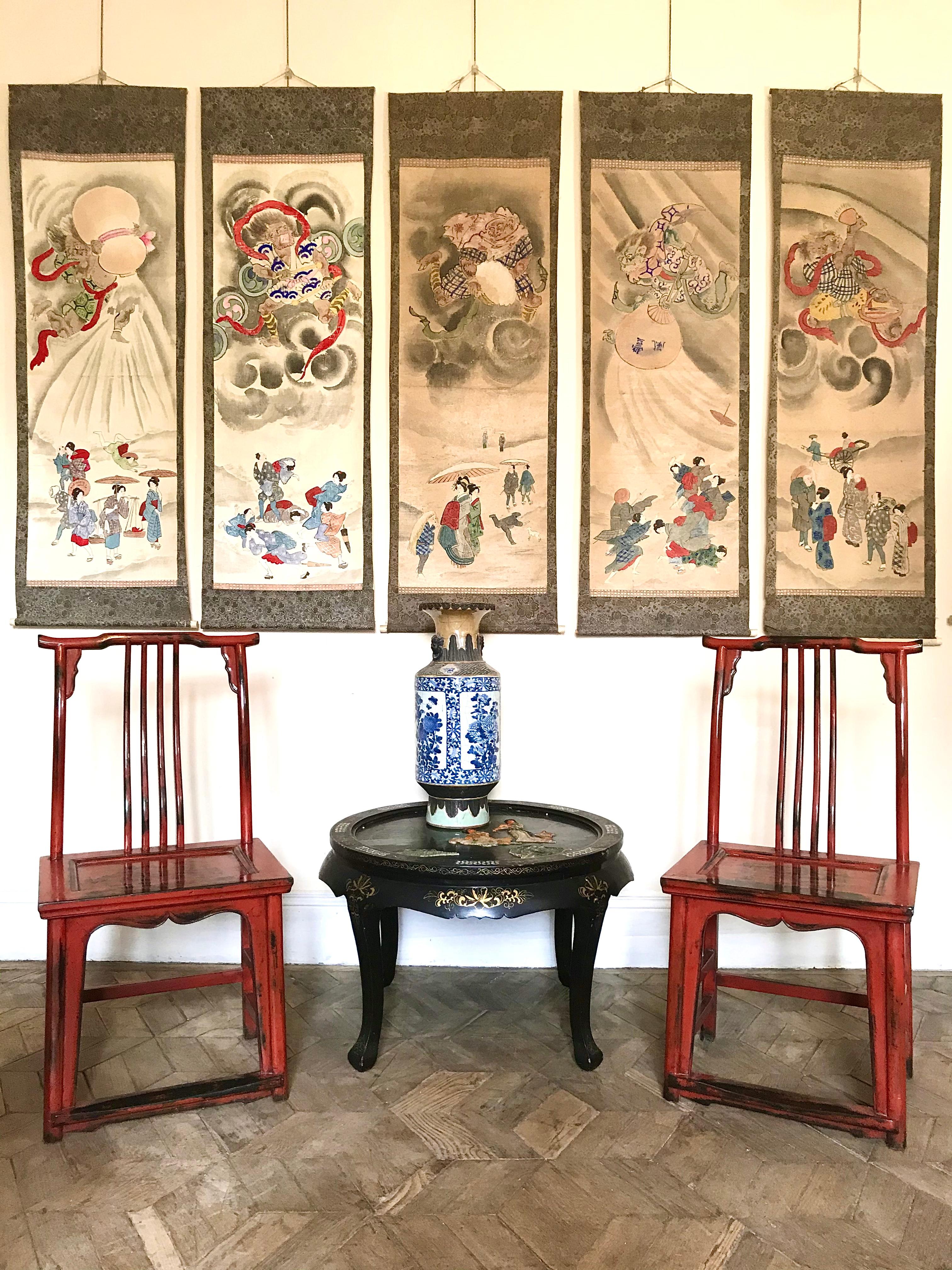 Pair of Asian Chairs Red Lacquered Wood 20th Century For Sale 14