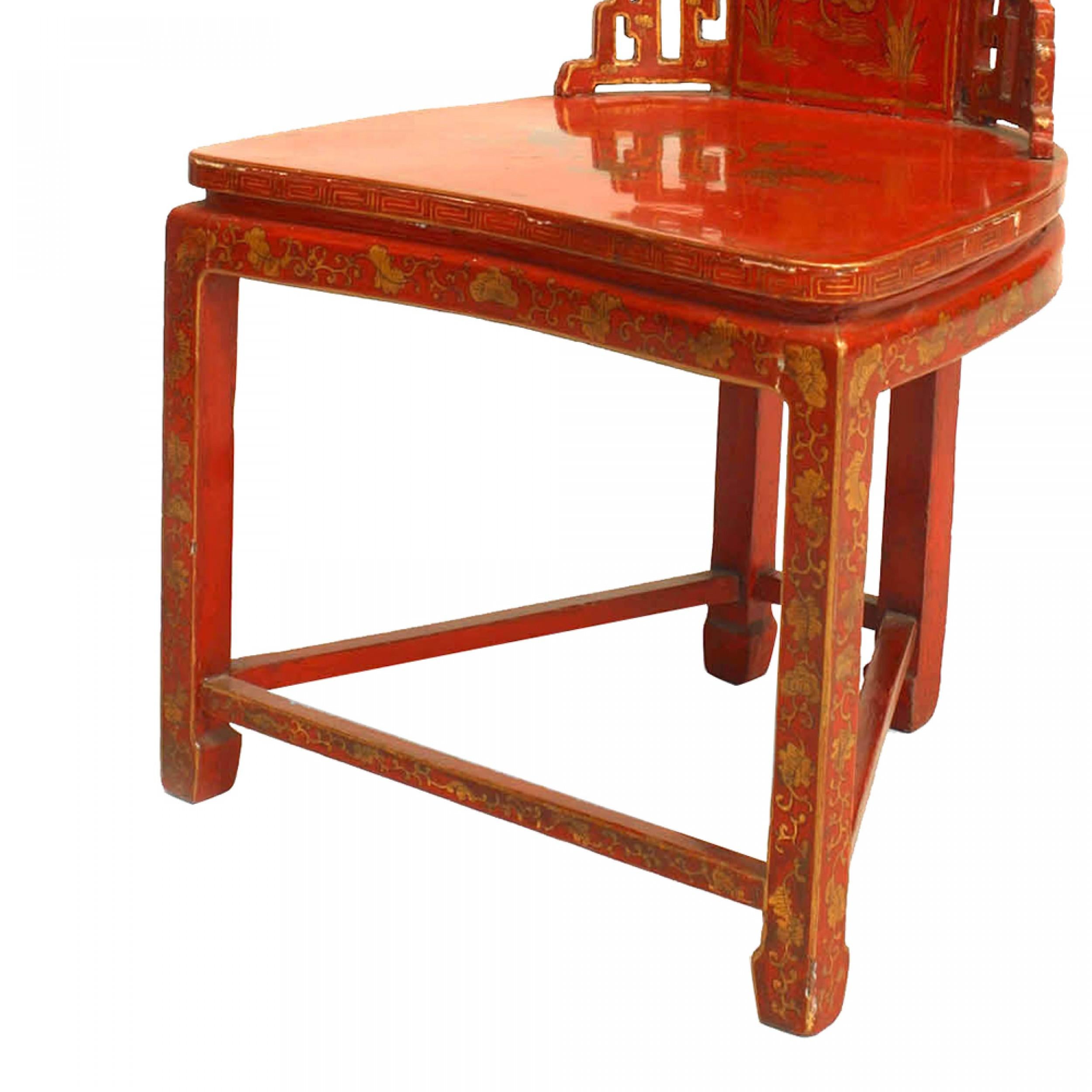 Pair of Asian Chinese (19th Cent) red and gilt lacquered side chairs with filigree sides and back (PRICED PER Pair) (matching table #032840)

ONLY 3 available