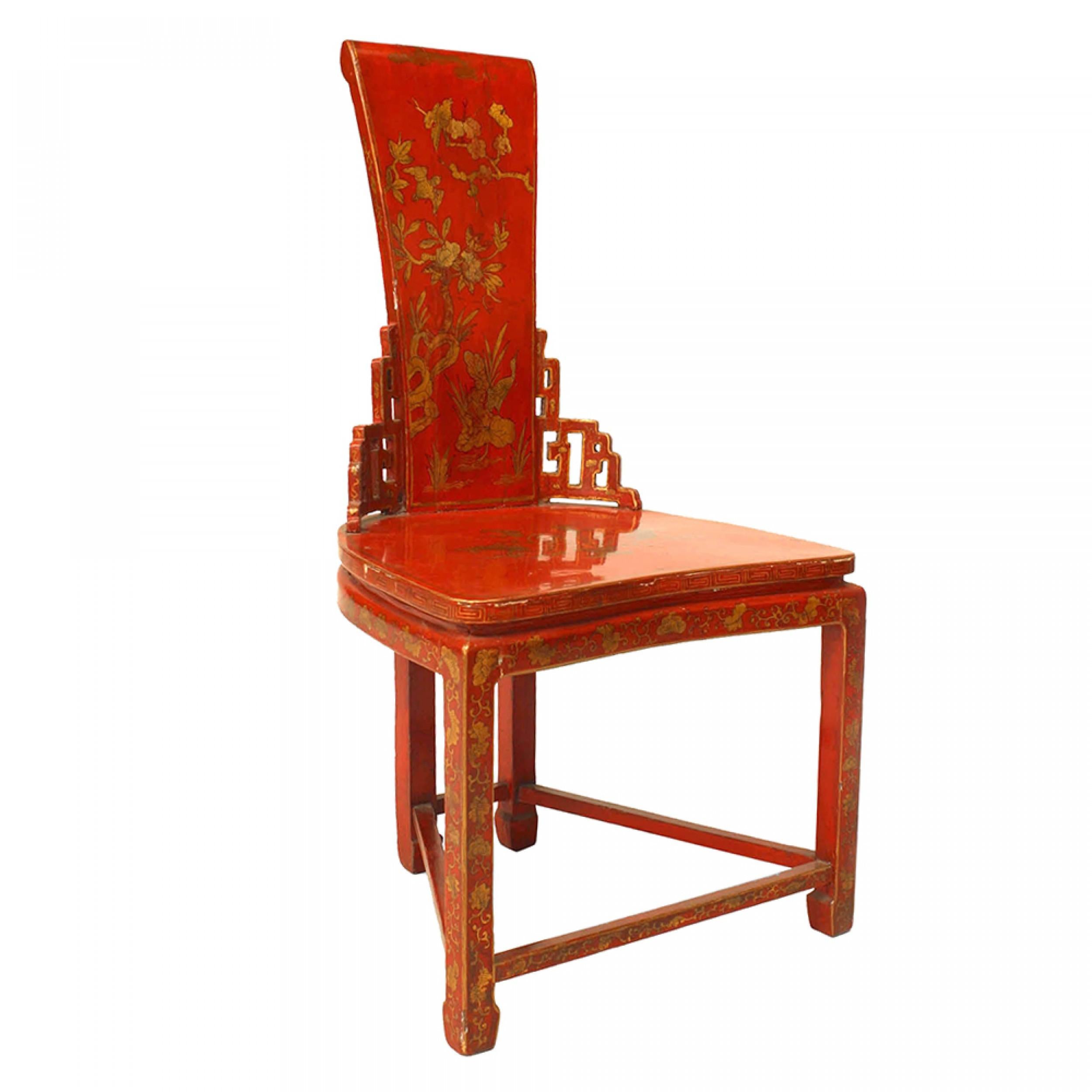 Pair of Asian Chinese (19th Cent) Red & Gilt Side Chairs In Good Condition For Sale In Queens, NY
