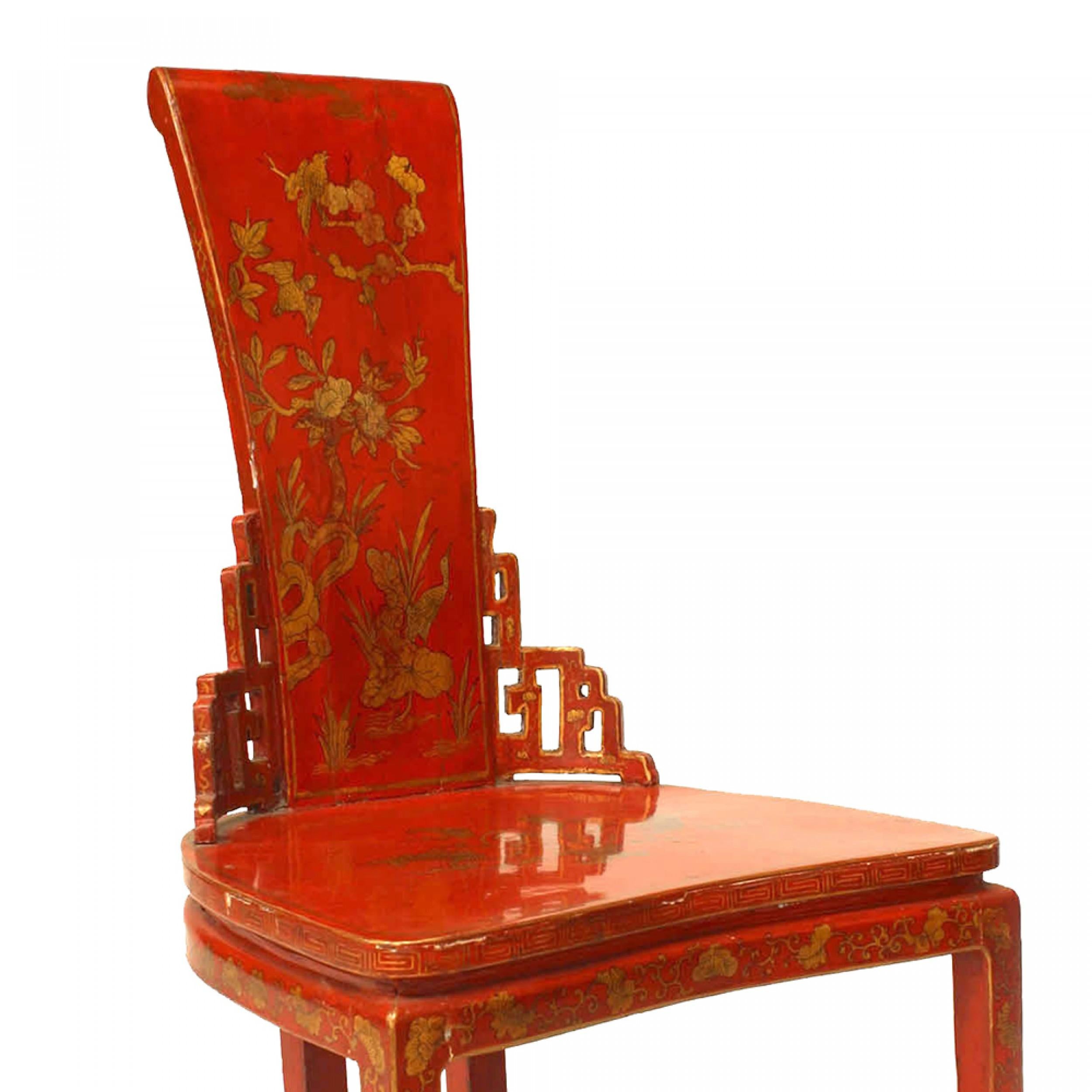 19th Century Pair of Asian Chinese (19th Cent) Red & Gilt Side Chairs For Sale