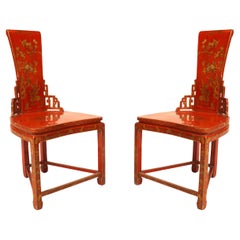 Pair of Asian Chinese (19th Cent) Red & Gilt Side Chairs