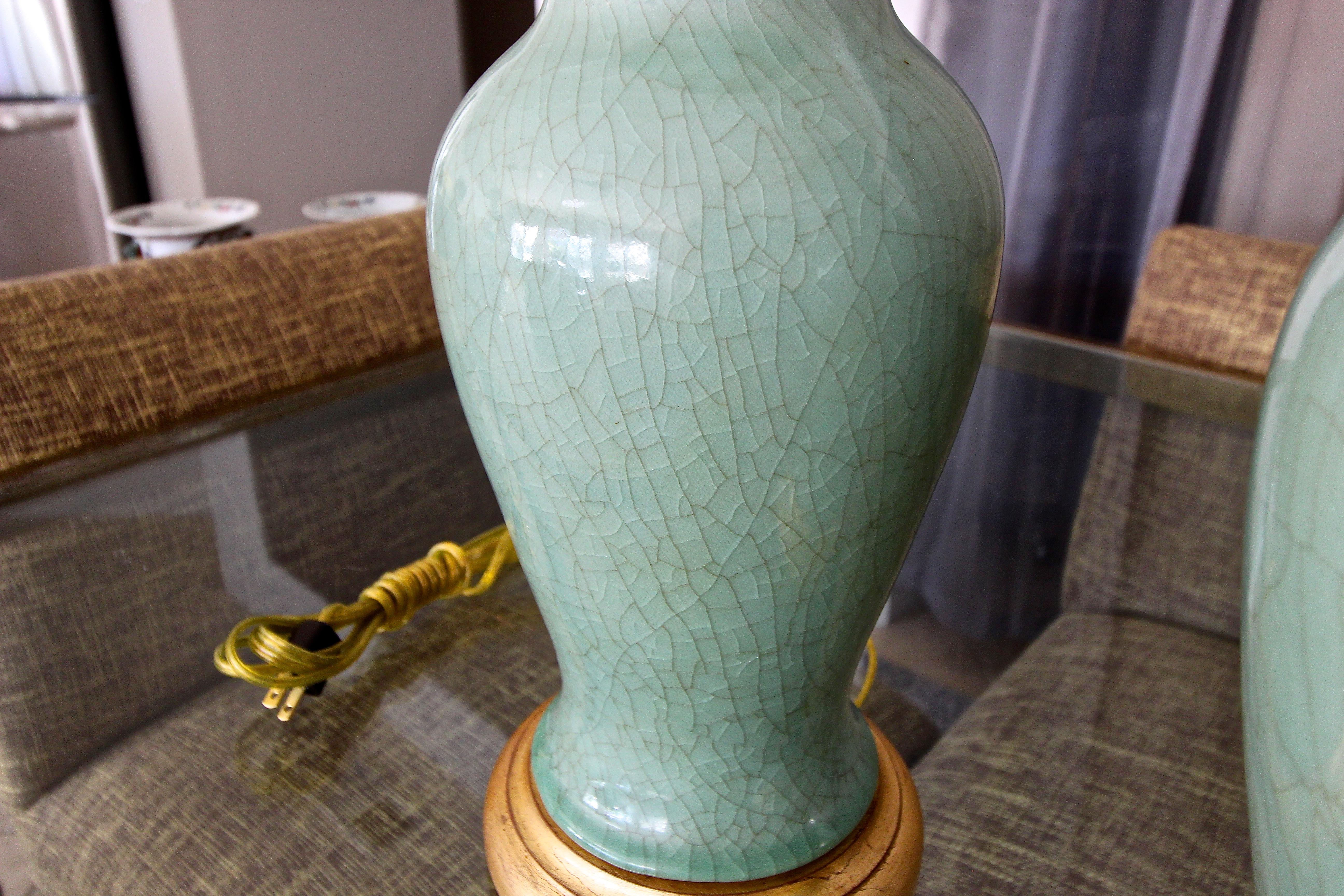 Pair of Asian Chinese Celadon Green Porcelain Table Lamps 6