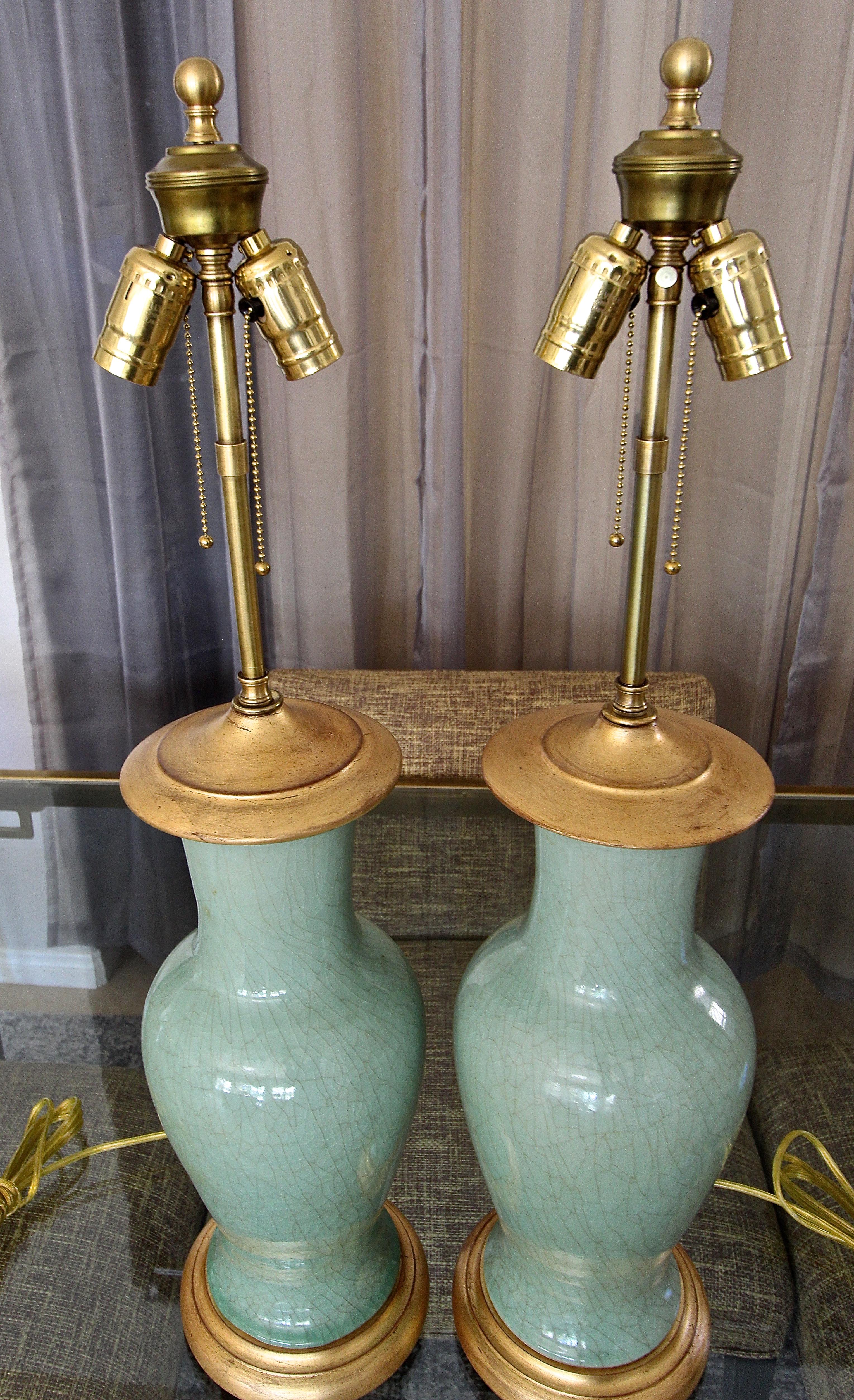 Pair of Asian Chinese Celadon Green Porcelain Table Lamps 11