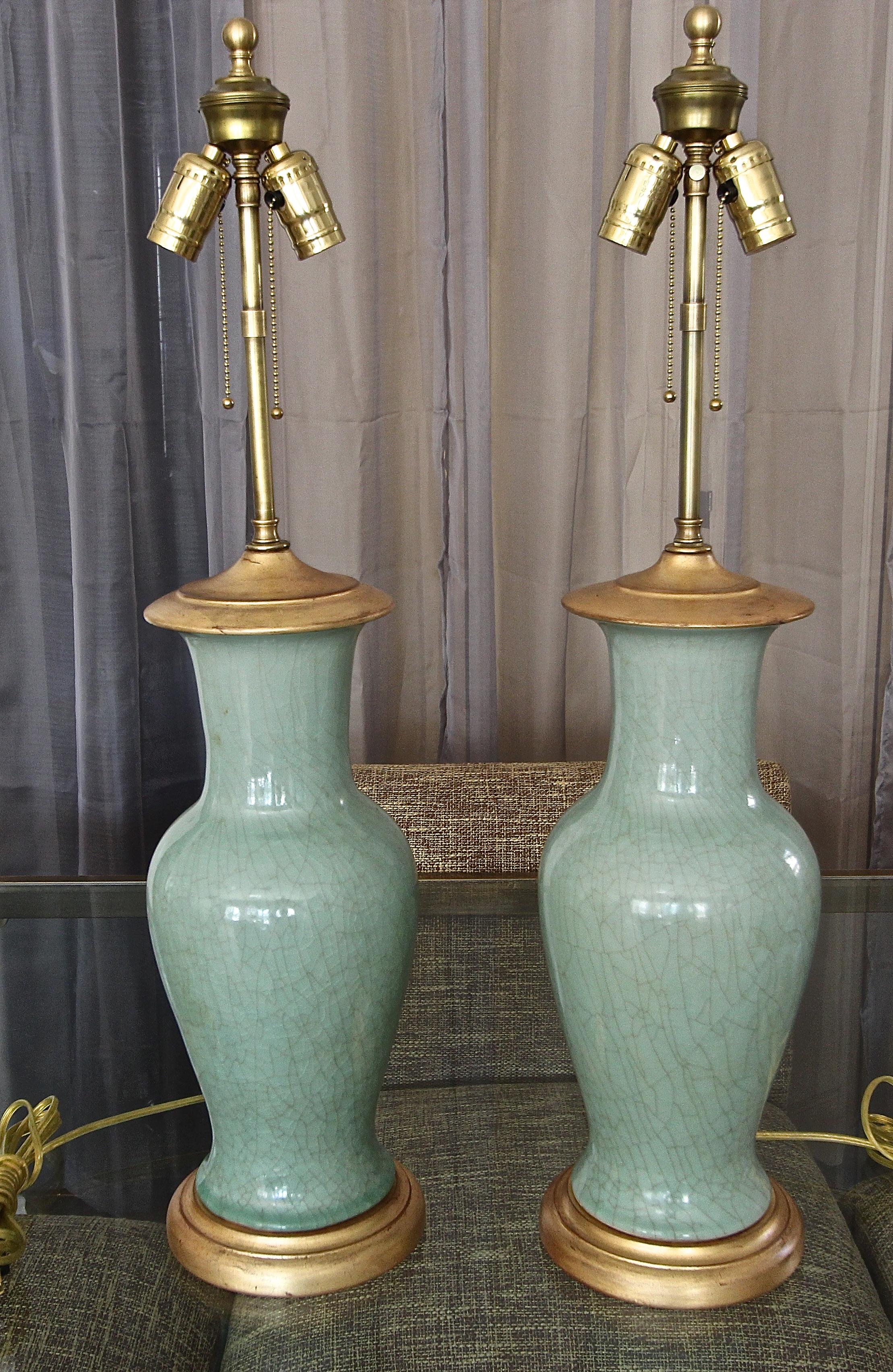 Pair of Asian Chinese Celadon Green Porcelain Table Lamps 13