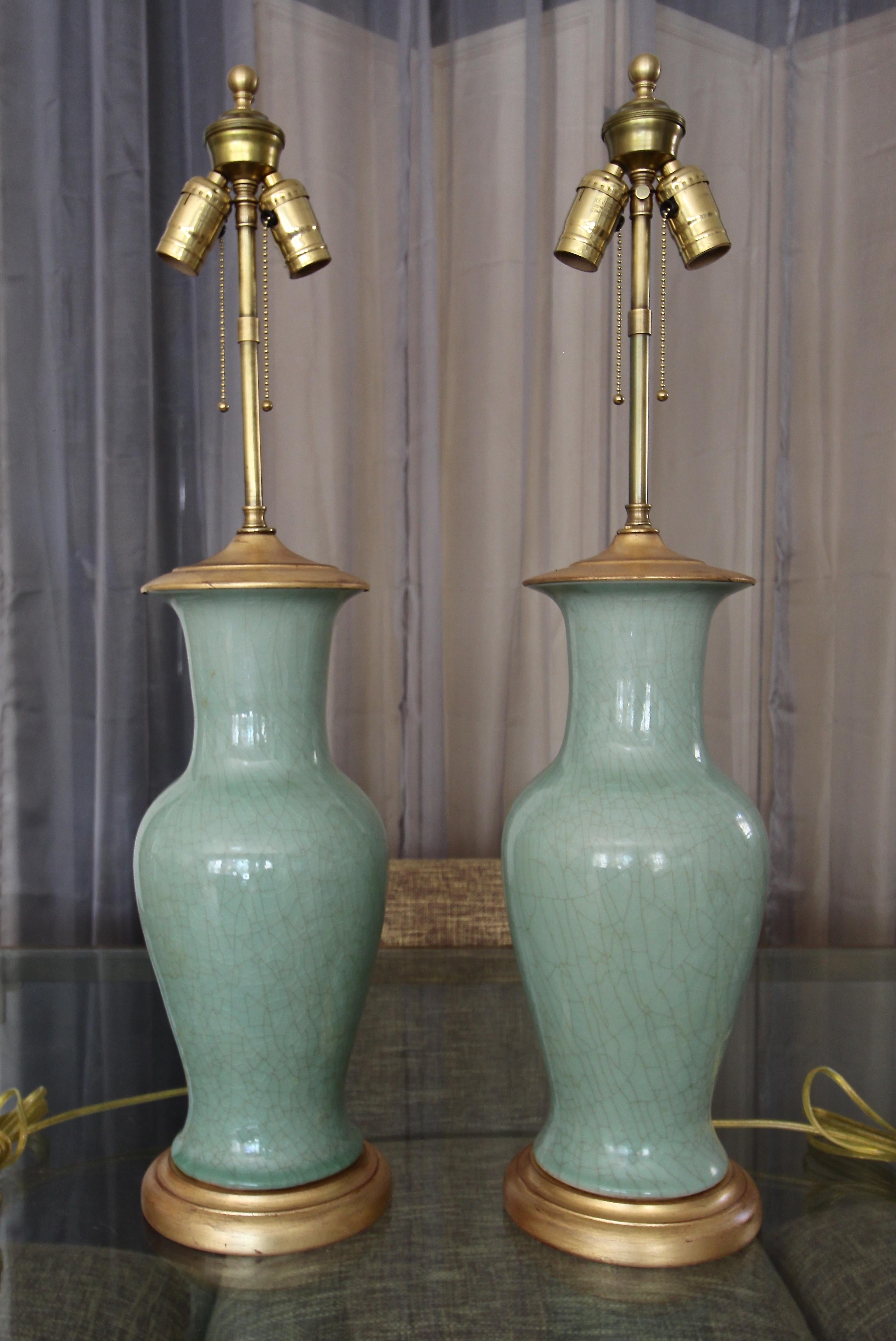 Pair of Asian Chinese Celadon Green Porcelain Table Lamps In Good Condition In Palm Springs, CA