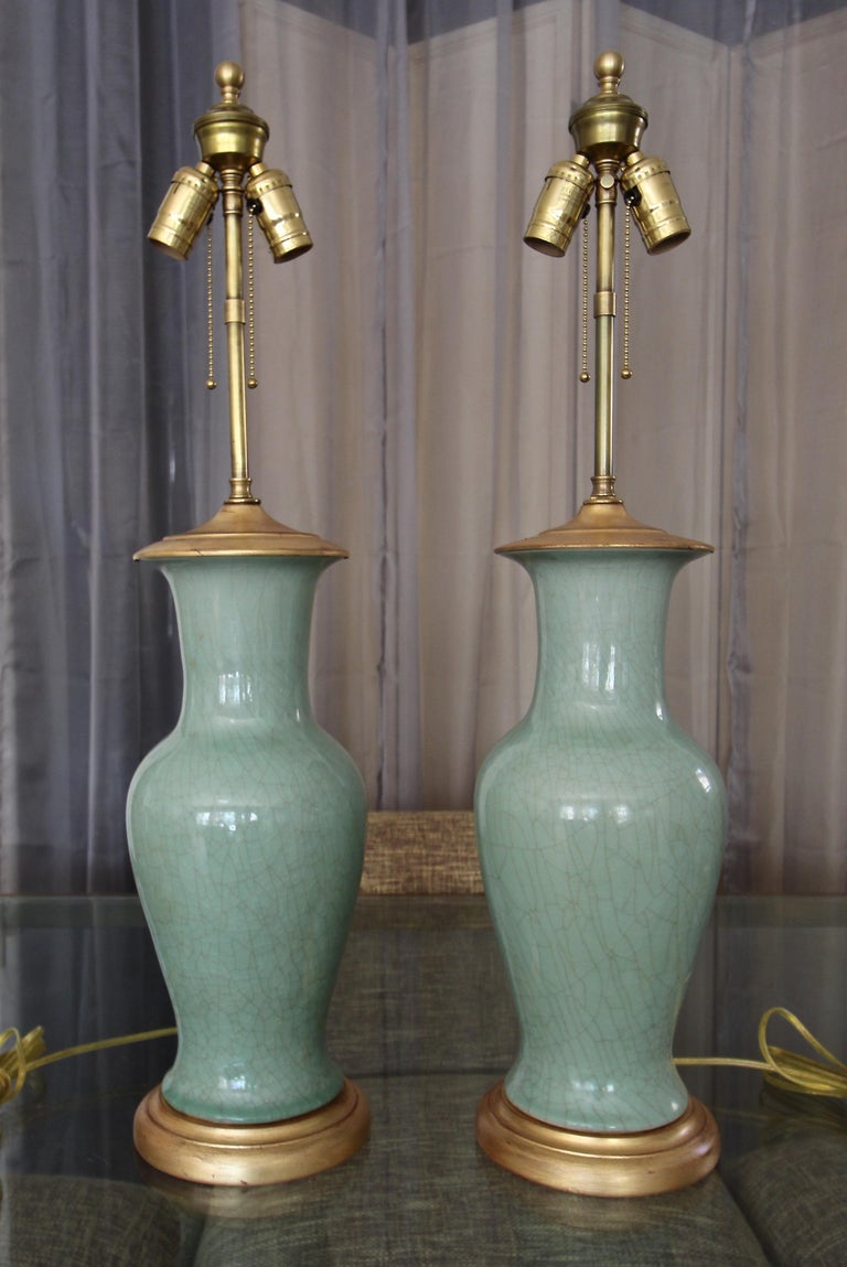 Pair of Asian Chinese Celadon Green Porcelain Table Lamps For Sale at