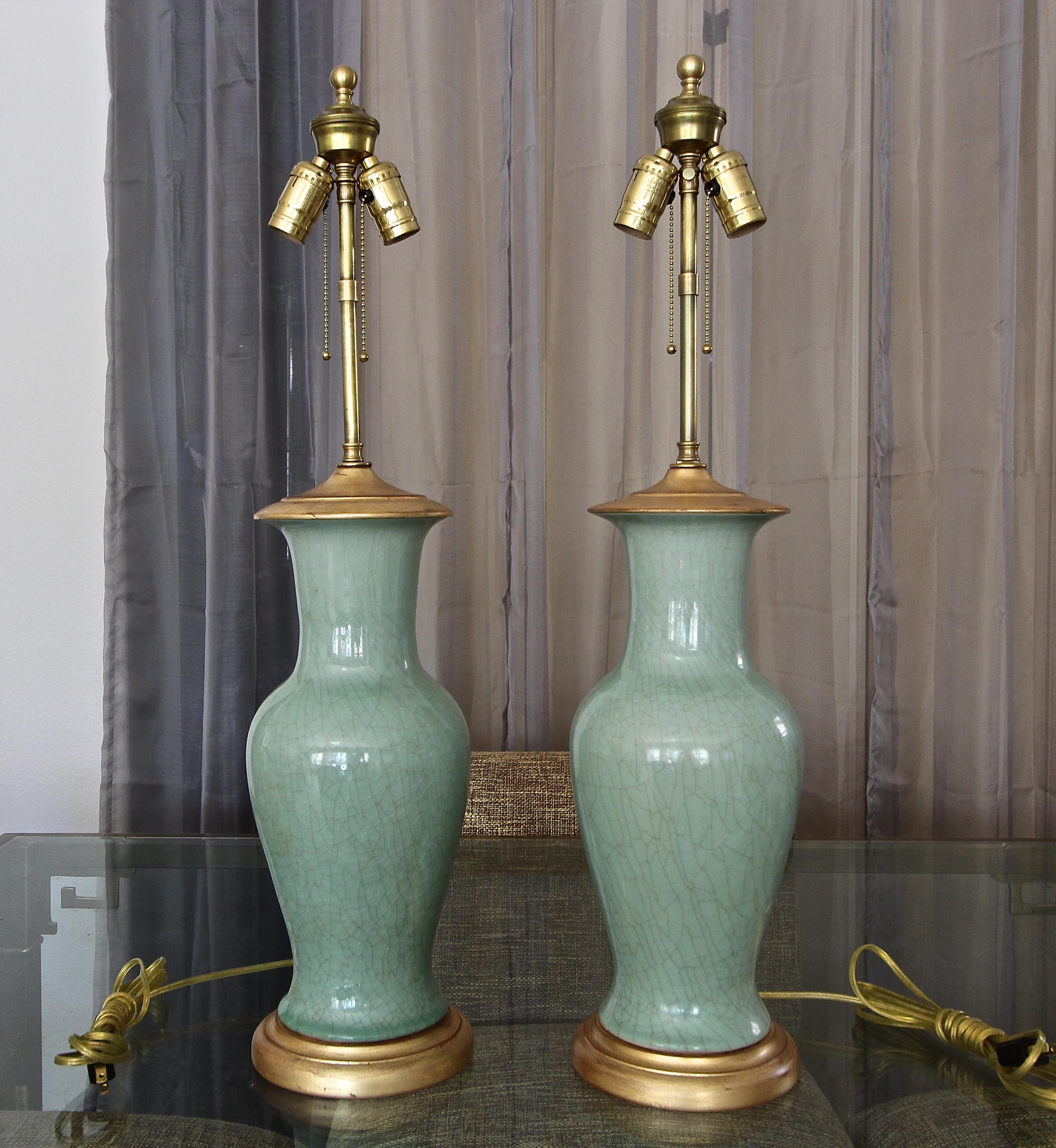 Mid-20th Century Pair of Asian Chinese Celadon Green Porcelain Table Lamps