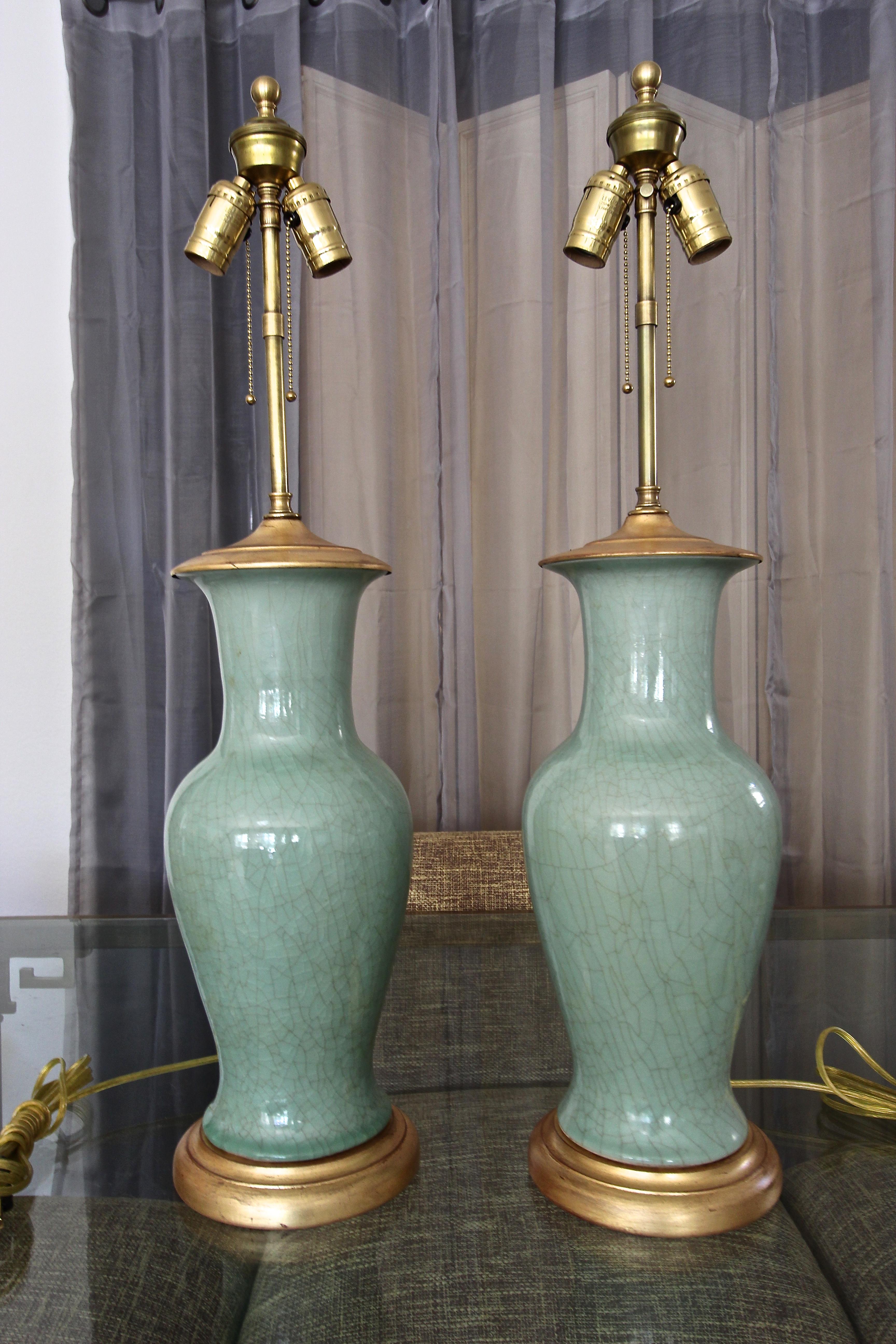 Brass Pair of Asian Chinese Celadon Green Porcelain Table Lamps