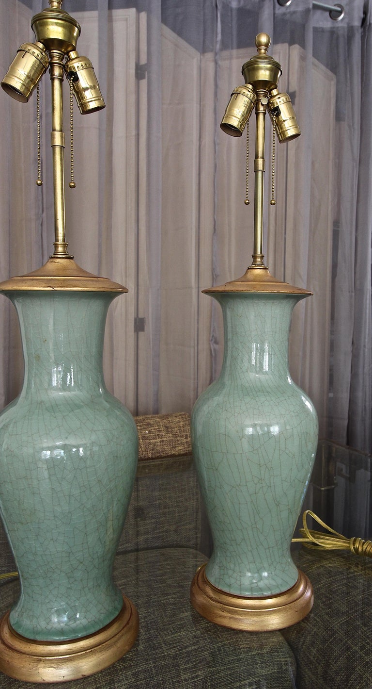 Pair of Asian Chinese Celadon Green Porcelain Table Lamps For Sale at