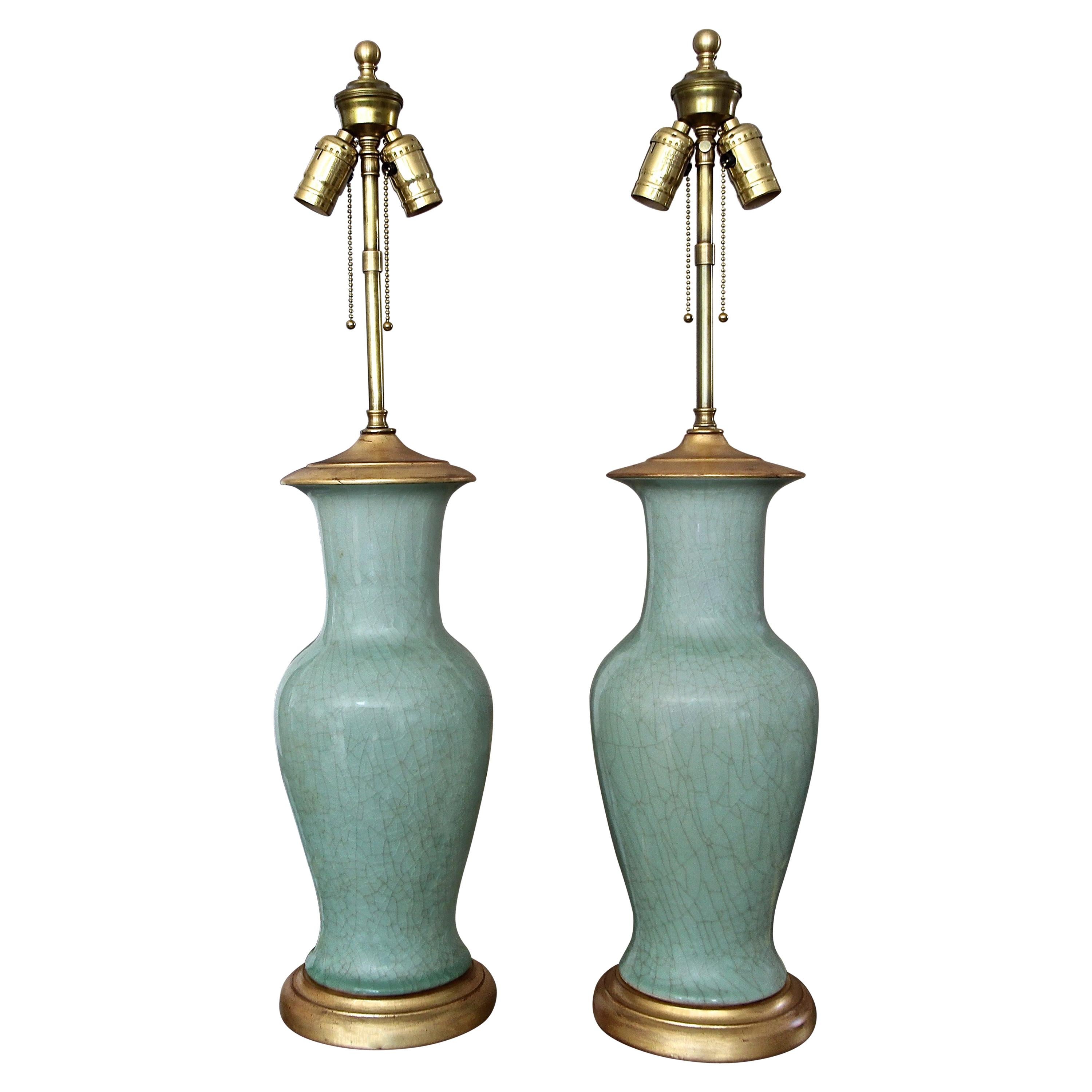 Pair of Asian Chinese Celadon Green Porcelain Table Lamps