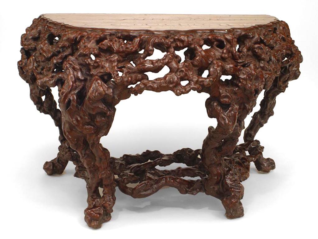 Pair of Asian Chinese Rustic-style (18th Century) root console tables with shaped top above a pierced frieze on similar supports joined by a stretcher (PRICED AS Pair)
