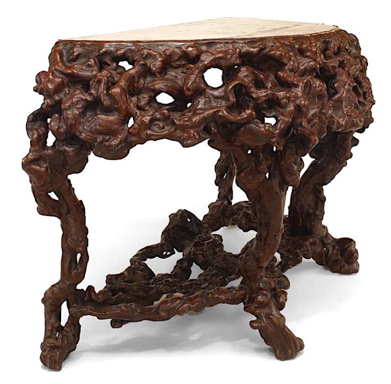 Pair of Asian Chinese Rustic Style Root Console Tables For