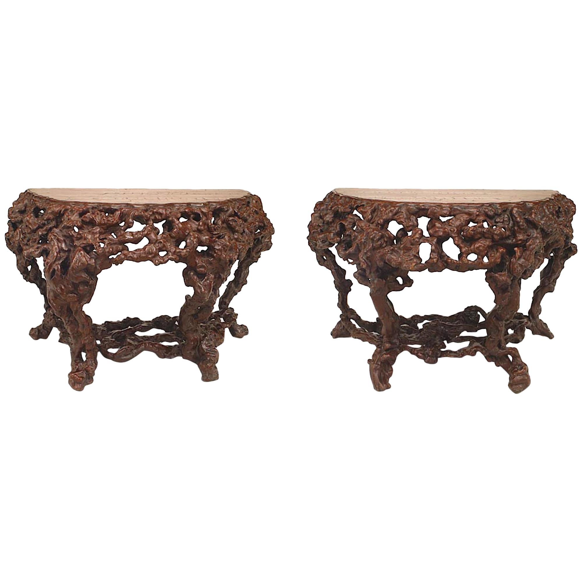 Pair of Chinese Rustic Root Console Tables For Sale