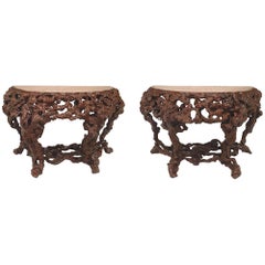 Antique Pair of Chinese Rustic Root Console Tables
