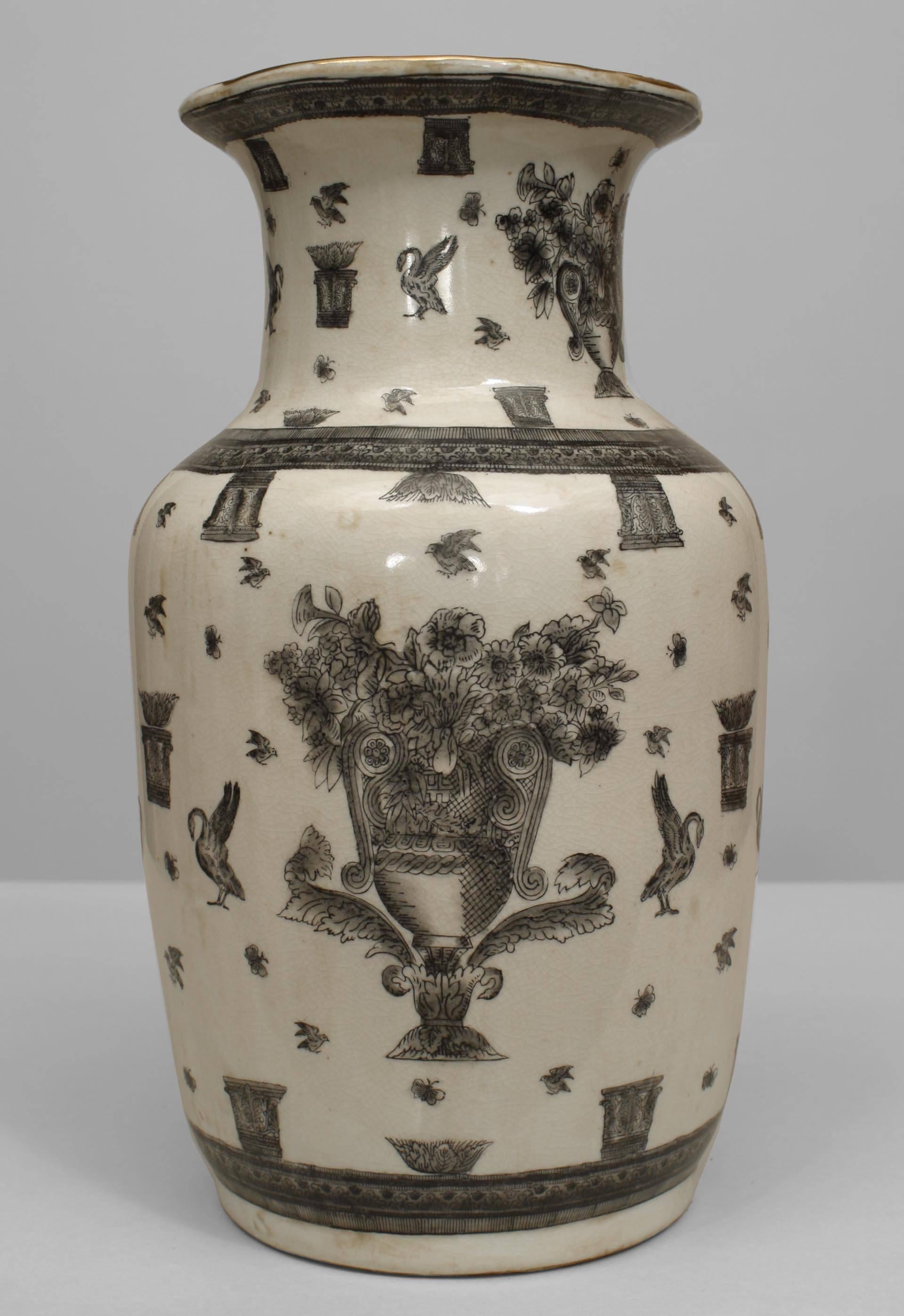 Pair of Asian Chinese style (19th Cent) white and black decorated vases with large urns filled with flowers along with birds and butterflies. RePairs (PRICED AS Pair)
