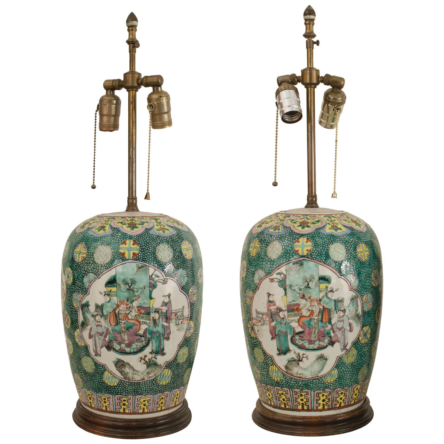 Pair of Asian Chinese Style Ginger Jar Green Porcelain Table Lamps