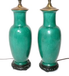 Pair of Asian Chinoiserie Green Ceramic Lamps