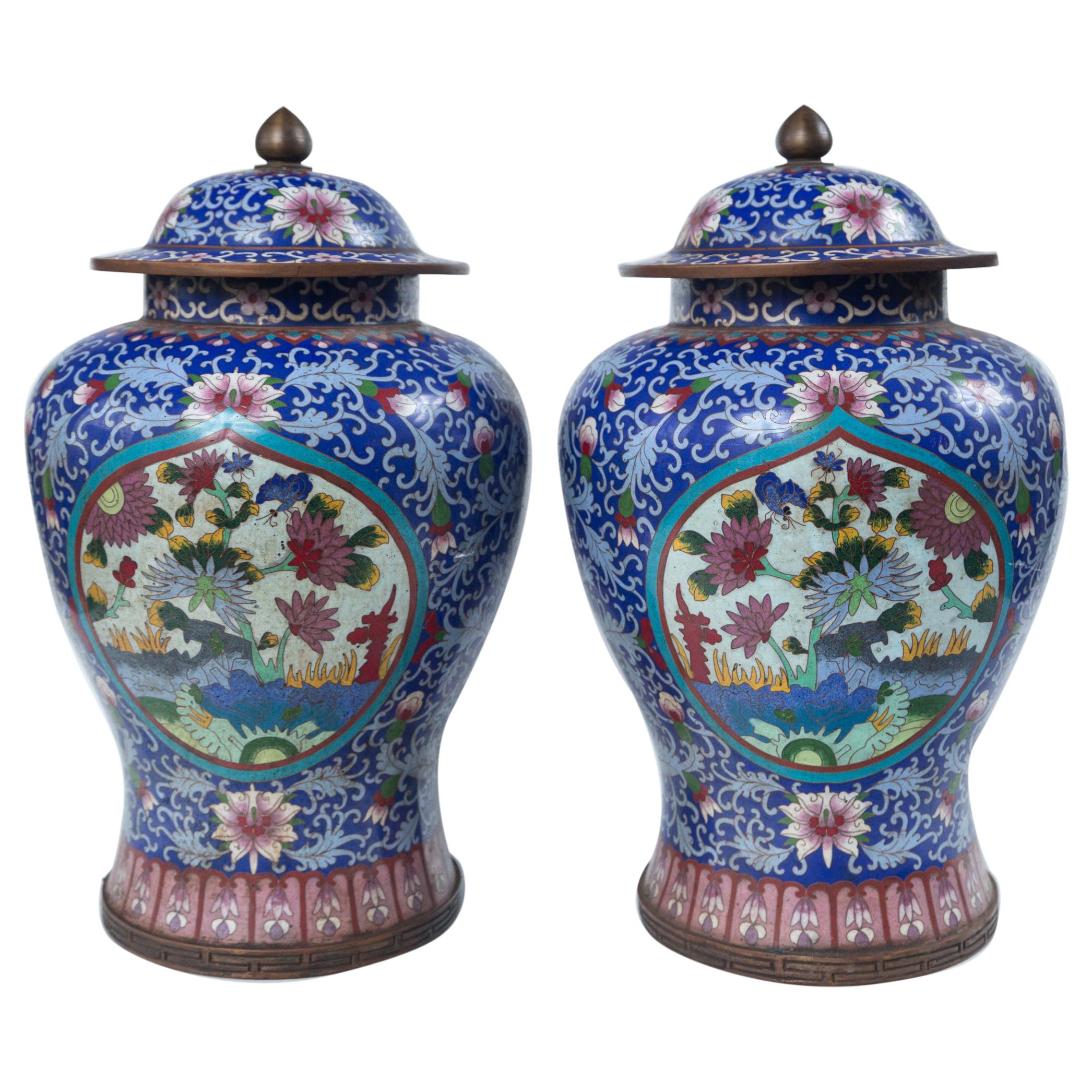 Pair of Chinese Cloisonné Enamel Lidded Open Work Ginger Jars For Sale