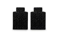 Pair of Asian Contemporary Black and Grey Ceramic Decorative Lidded Jar
