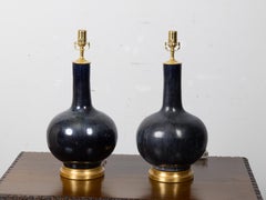 Pair of Asian Crackle Glazed Porcelain Table Lamps with Giltwood Bases