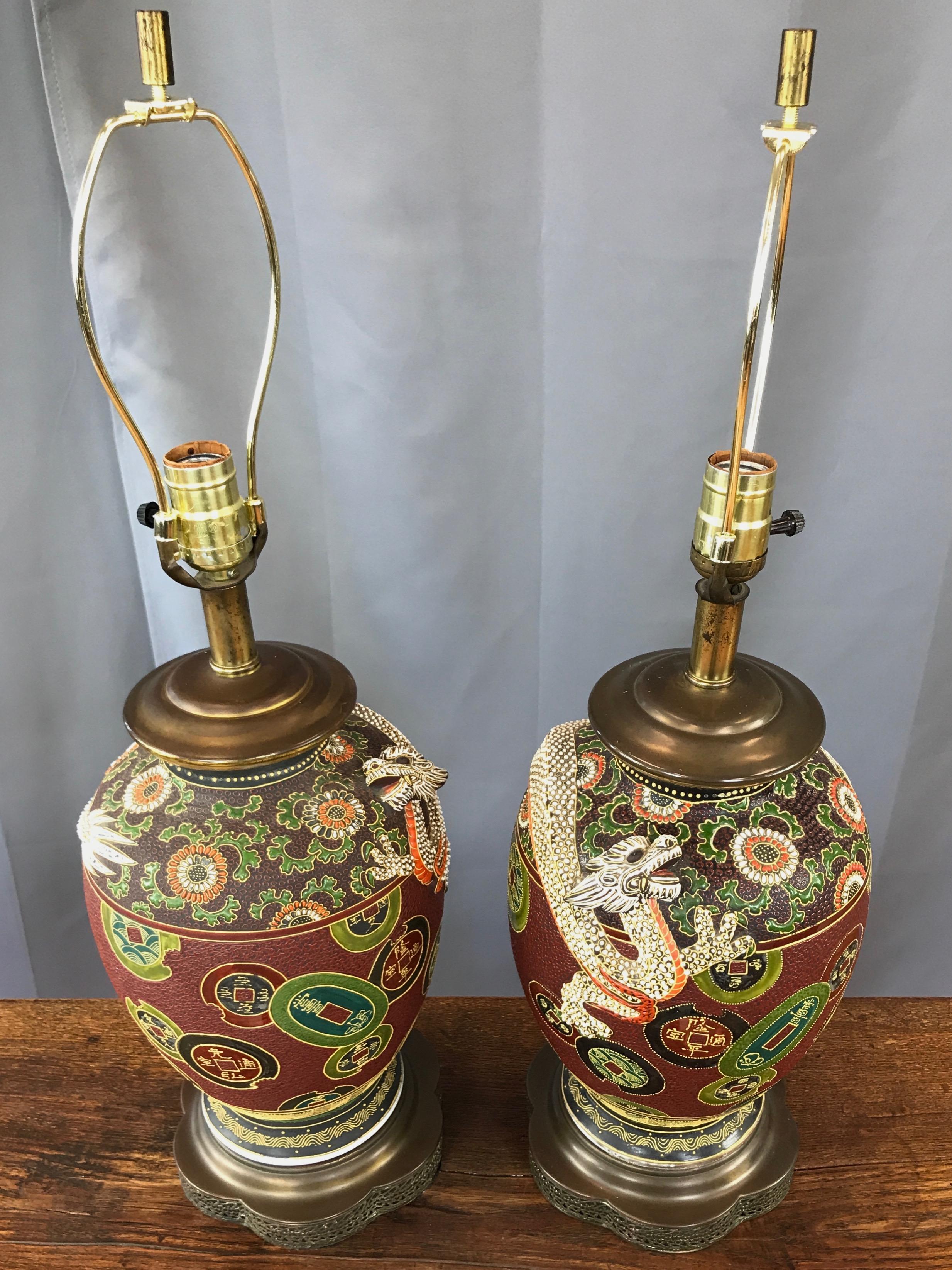 Pair of Asian Dragon and Charm Motif Hand-Decorated Ceramic Table Lamps 3