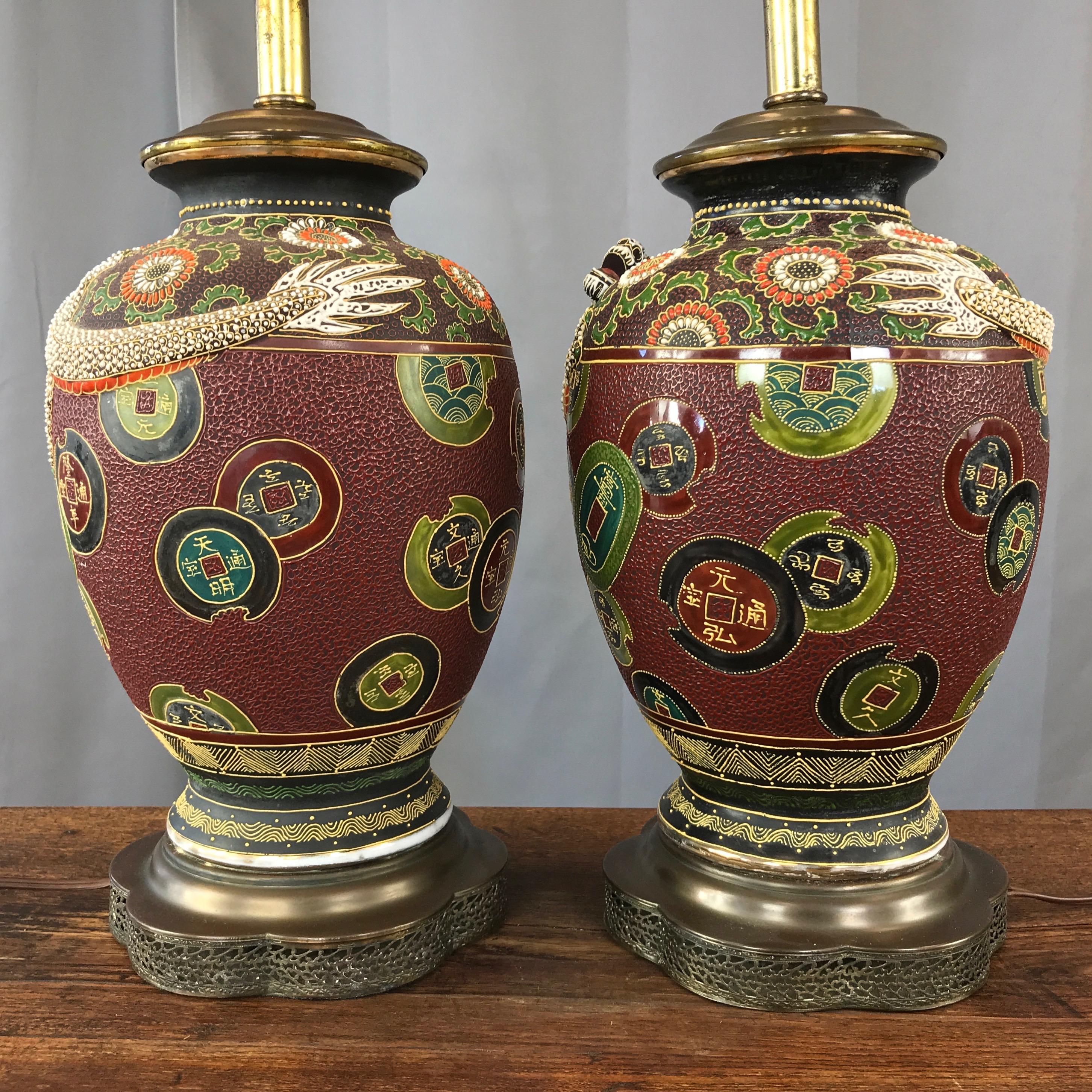 Japanese Pair of Asian Dragon and Charm Motif Hand-Decorated Ceramic Table Lamps