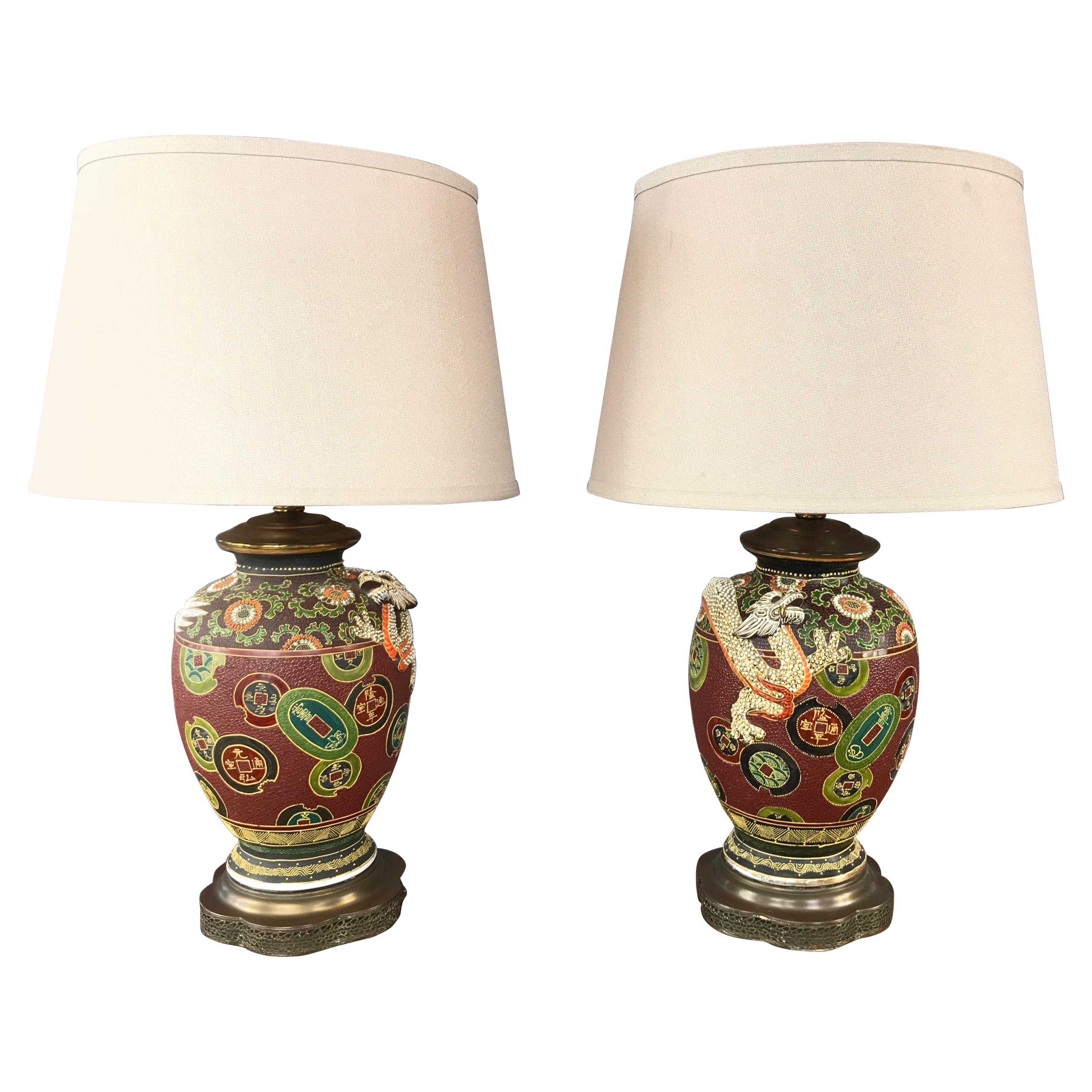 Pair of Asian Dragon and Charm Motif Hand-Decorated Ceramic Table Lamps