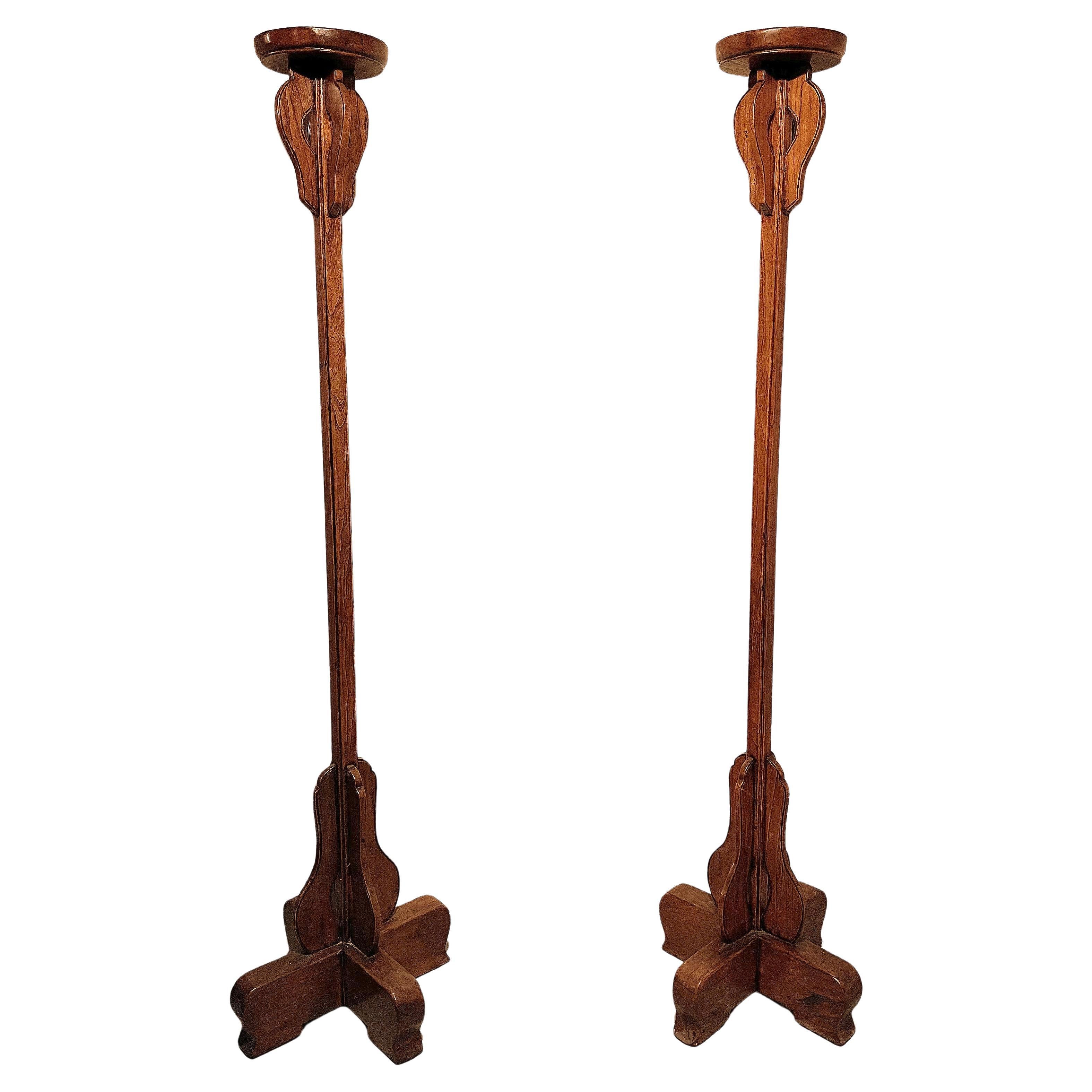 Coppia di portacandele asiatici in legno d'olmo