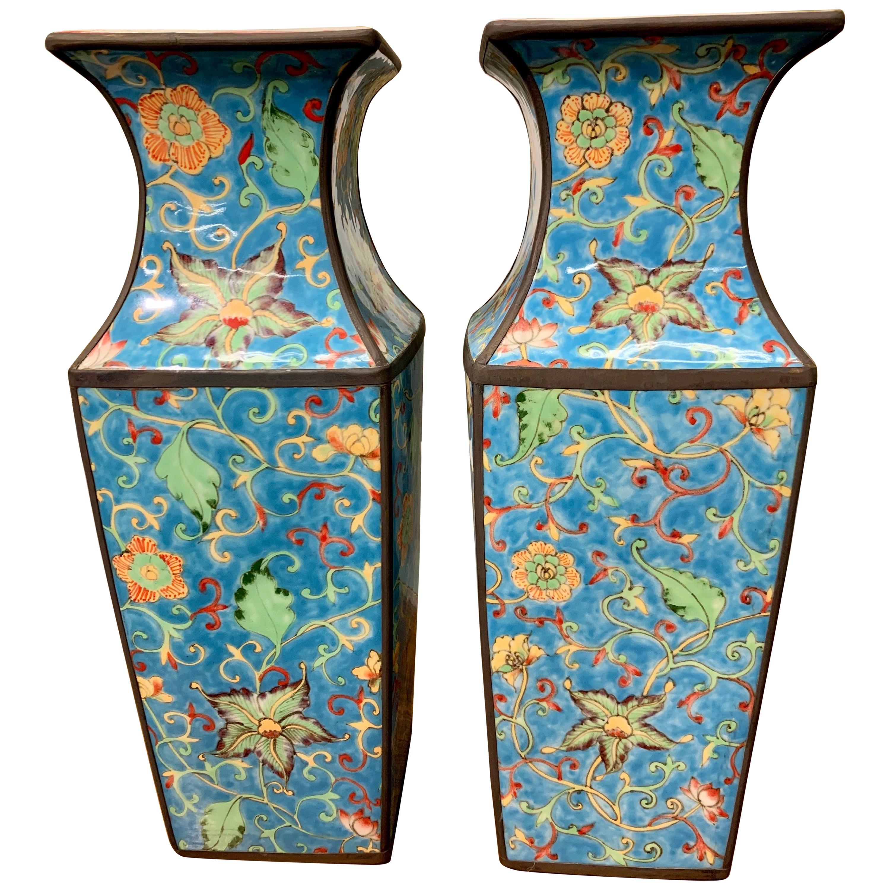 Pair of Asian Chinoiserie Turquoise Enamel and Brass Vases Vessels