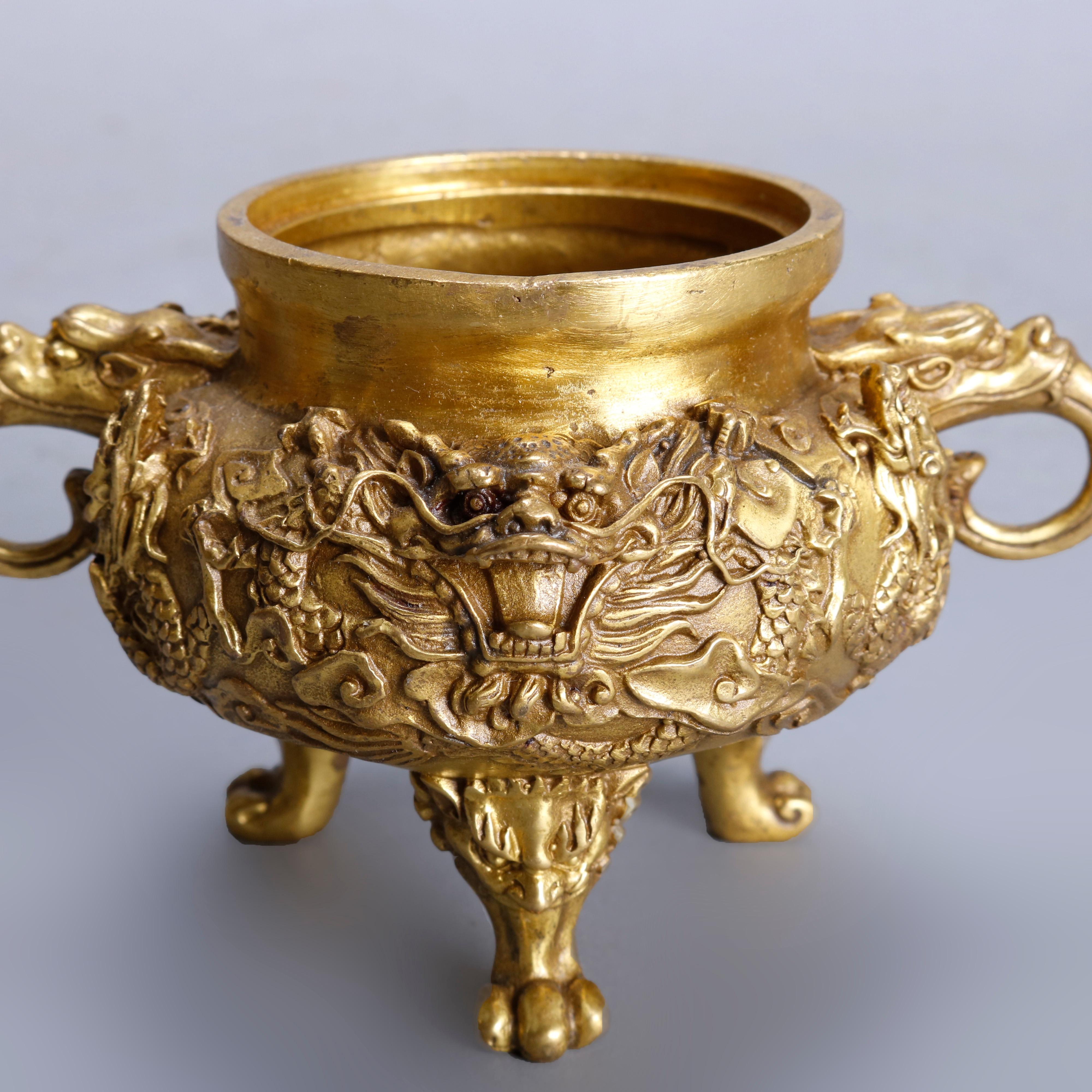 Pair of Asian Gilt Bronze Figural Censers with Dragons & Serpents, 20th Century 1