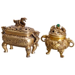 Pair of Asian Gilt Bronze Figural Censers with Dragons & Serpents, 20th Century