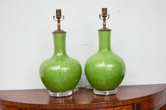 Pair of Asian Green Porcelain Crackle Table Lamps on Lucite Bases, USA Wired