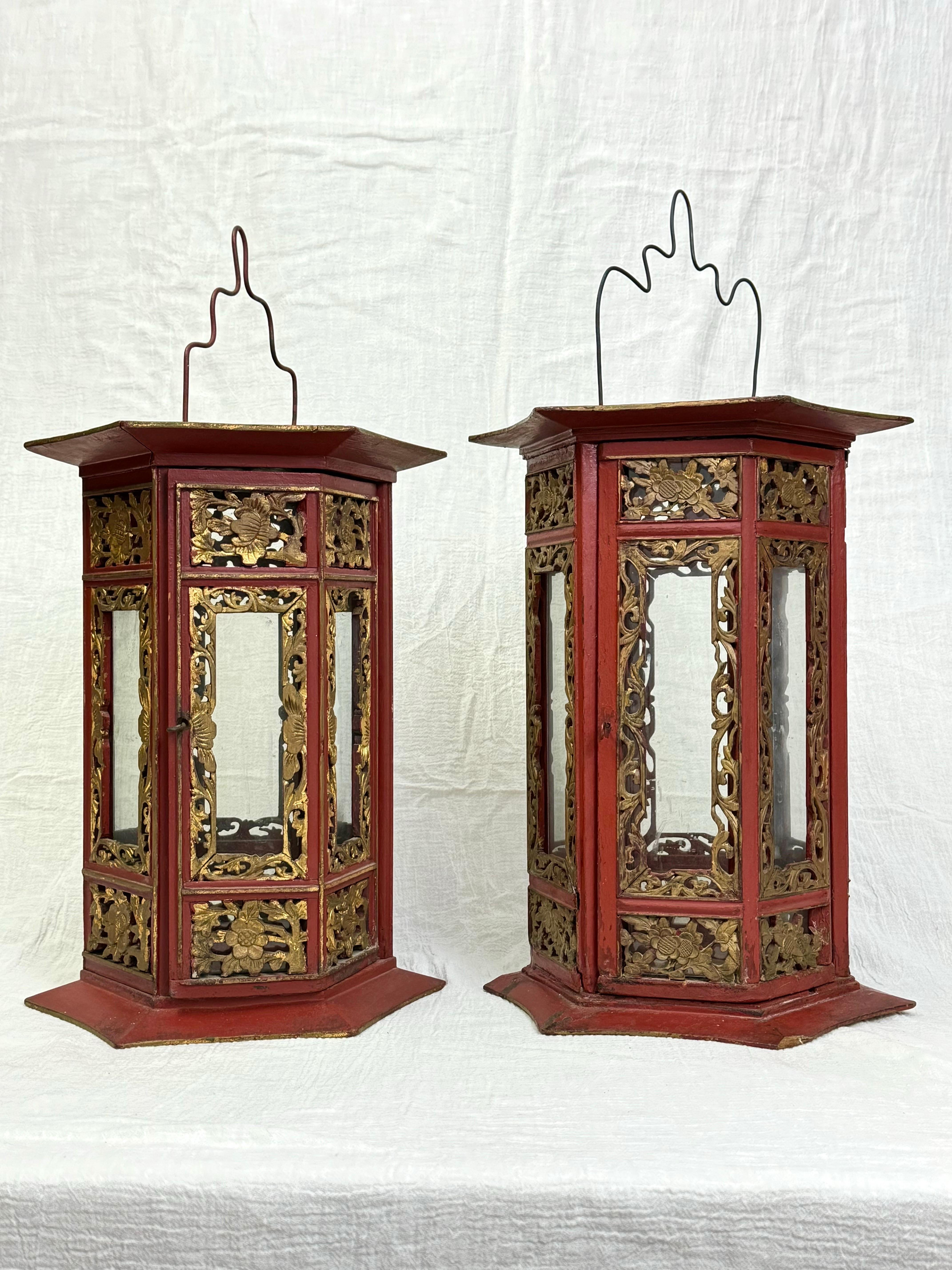 Glass Pair of Asian Hand Carved Wooden Lanterns For Sale