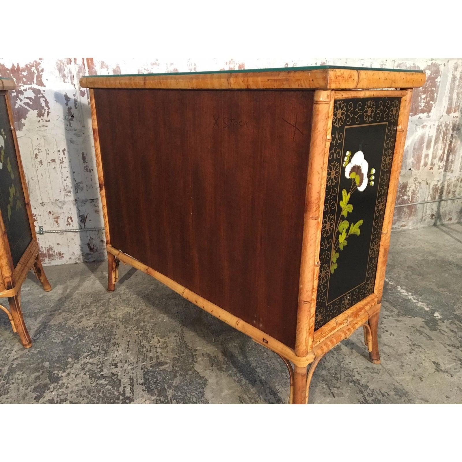 Pair of Asian Hand Painted Bamboo Cabinets, circa 1950s 5