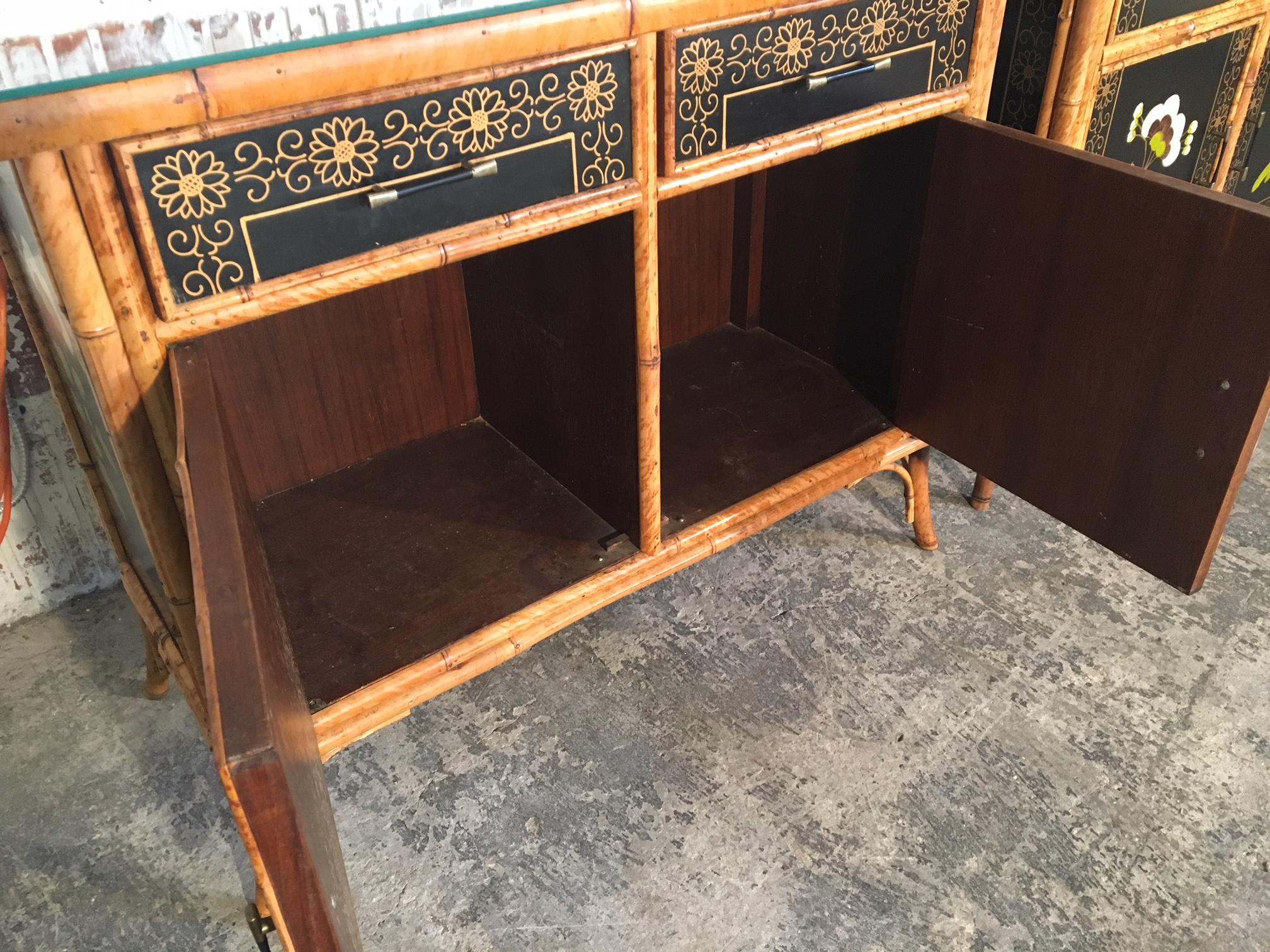 Pair of Asian Hand-Painted Bamboo Cabinets, circa 1950s 6