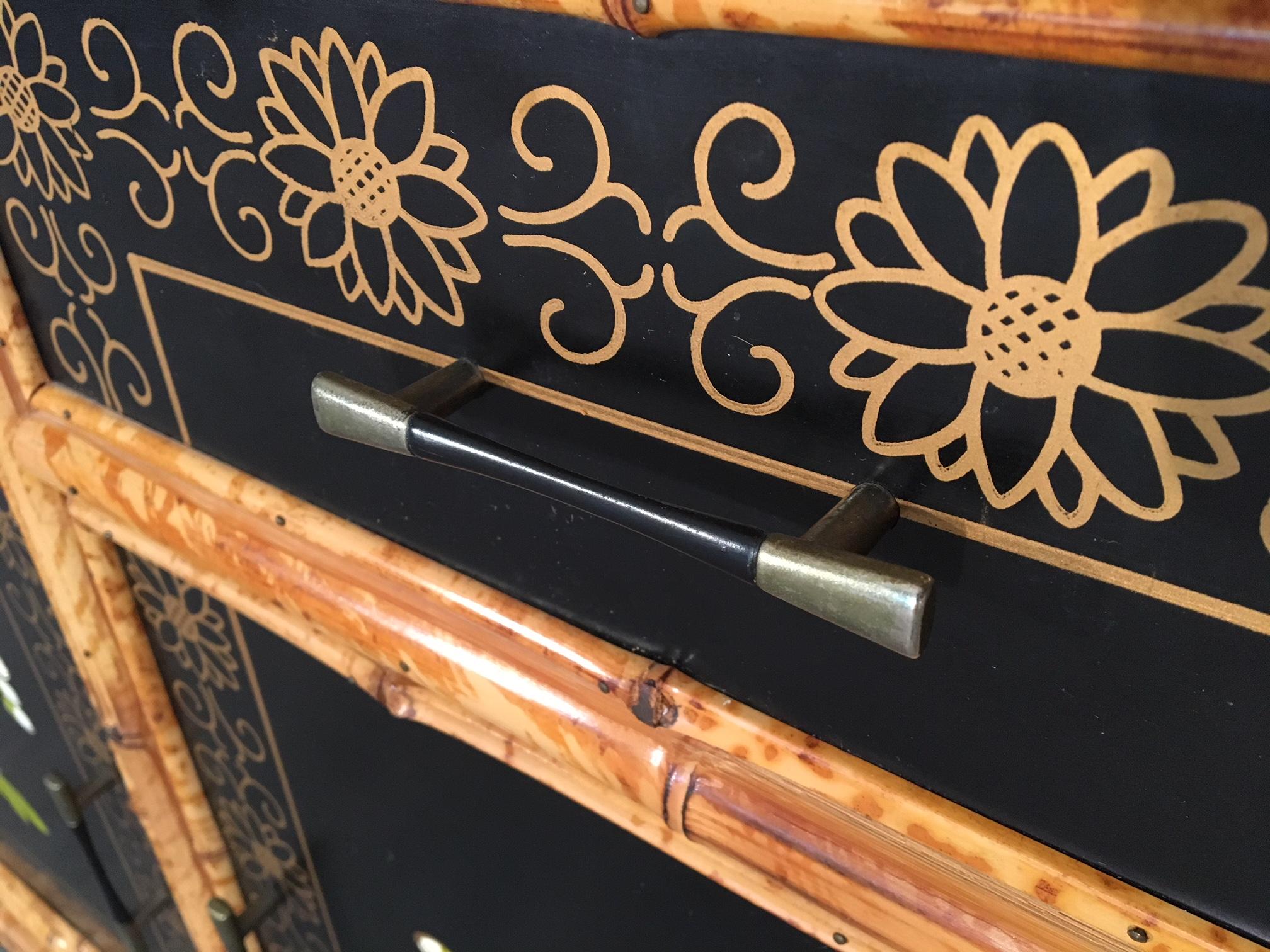 Pair of Asian Hand-Painted Bamboo Cabinets, circa 1950s 9