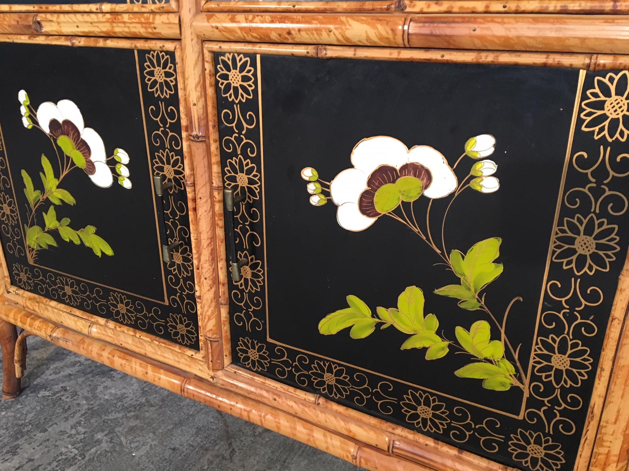 Pair of Asian Hand-Painted Bamboo Cabinets, circa 1950s 10