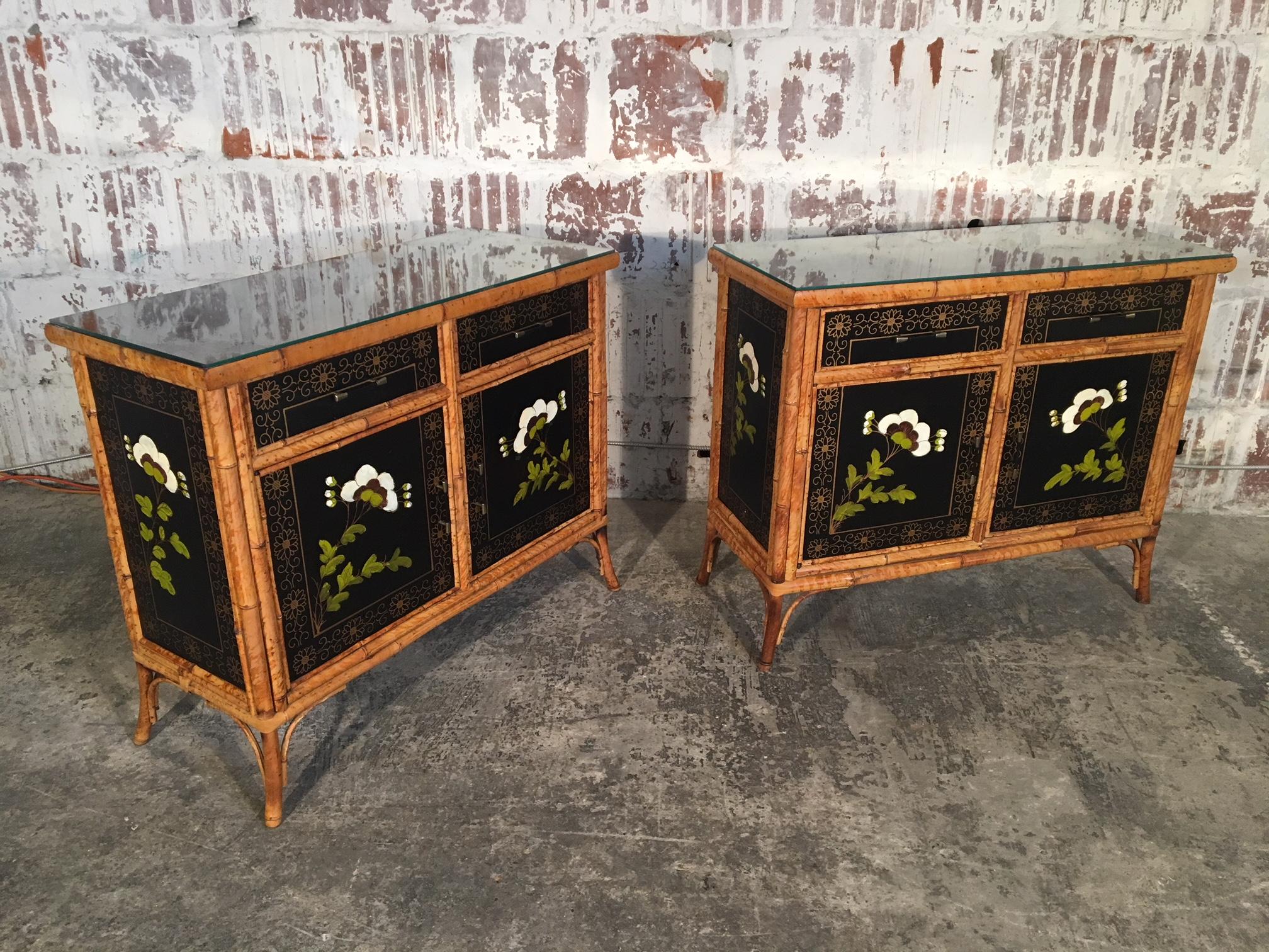 Chinoiserie Pair of Asian Hand-Painted Bamboo Cabinets, circa 1950s