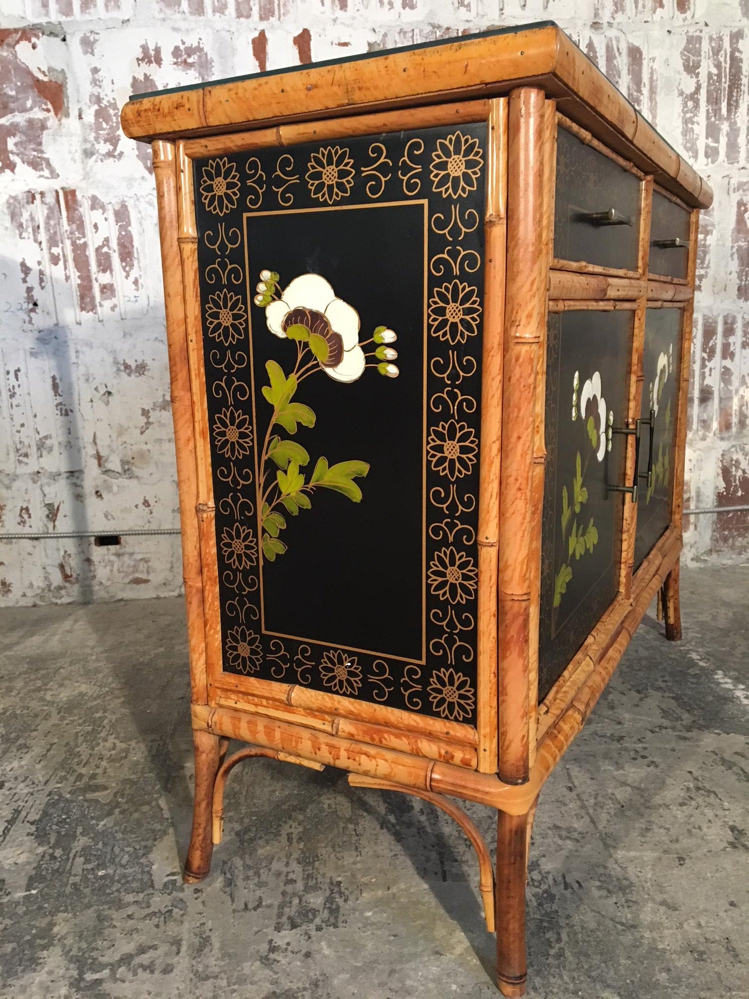 Pair Of Asian Hand Painted Bamboo Cabinets Circa 1950s For Sale