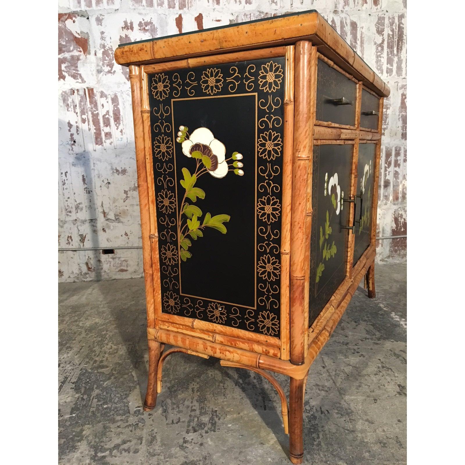 Hollywood Regency Pair of Asian Hand Painted Bamboo Cabinets, circa 1950s