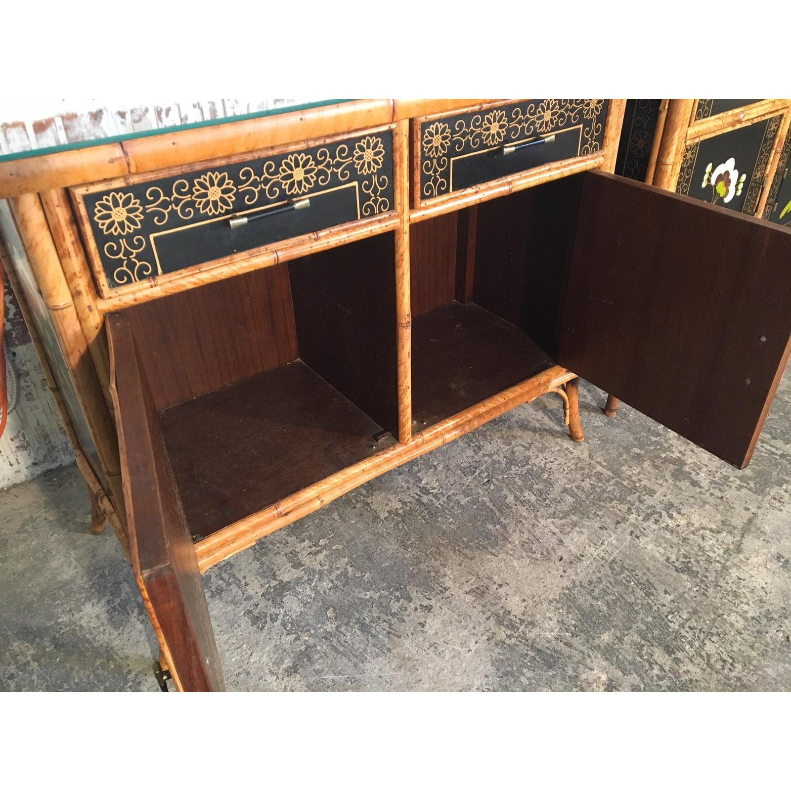 Pair of Asian Hand Painted Bamboo Cabinets, circa 1950s In Good Condition In Jacksonville, FL